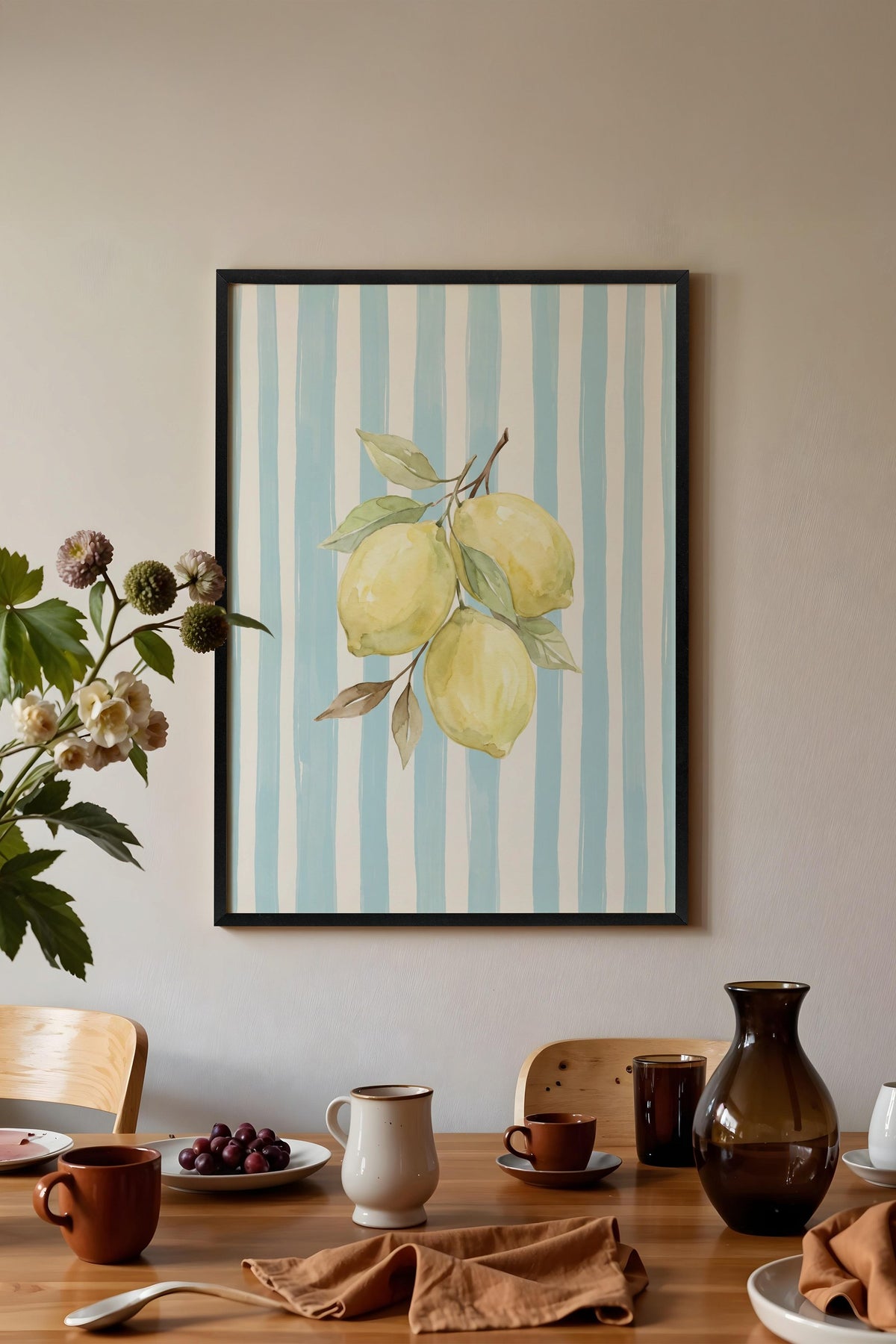 Dikey Çizgiler ve Limonlar Poster – Siyah Çerçeveli Tablo