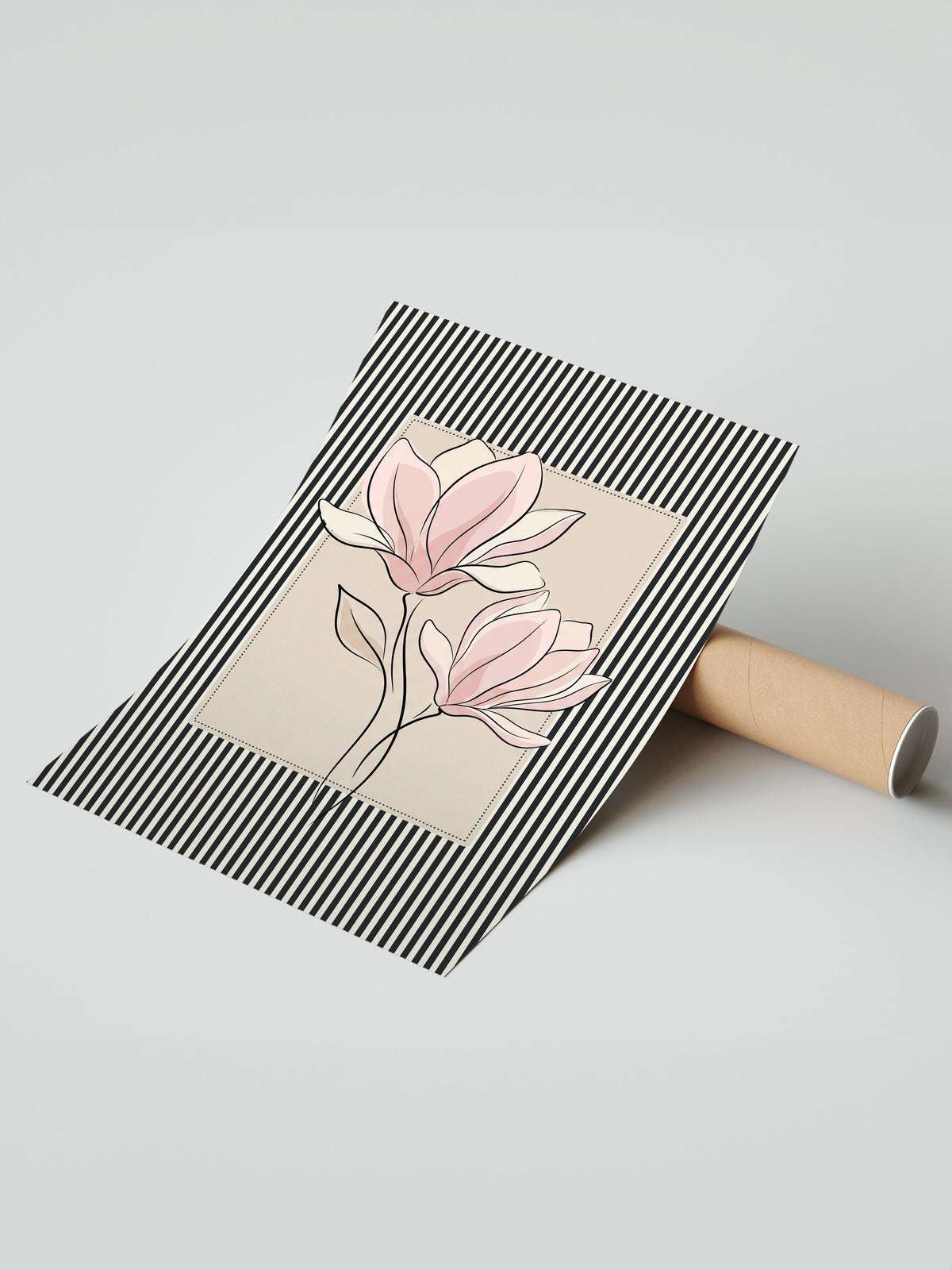 Çizgili Desende Pembe Çiçek Çerçevesiz Poster