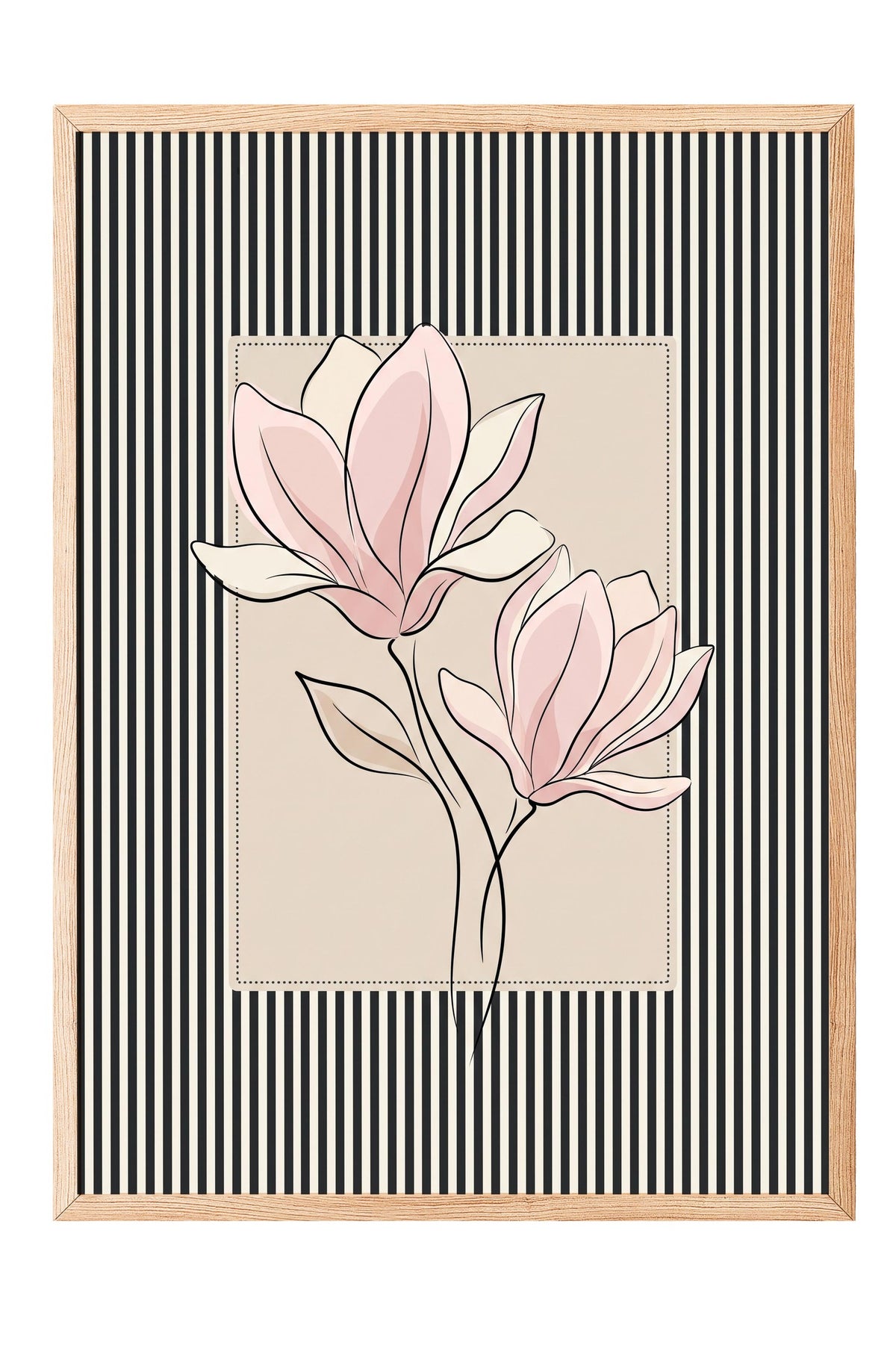 Çizgili Desende Pembe Çiçek Poster – Ahşap Çerçeveli Tablo