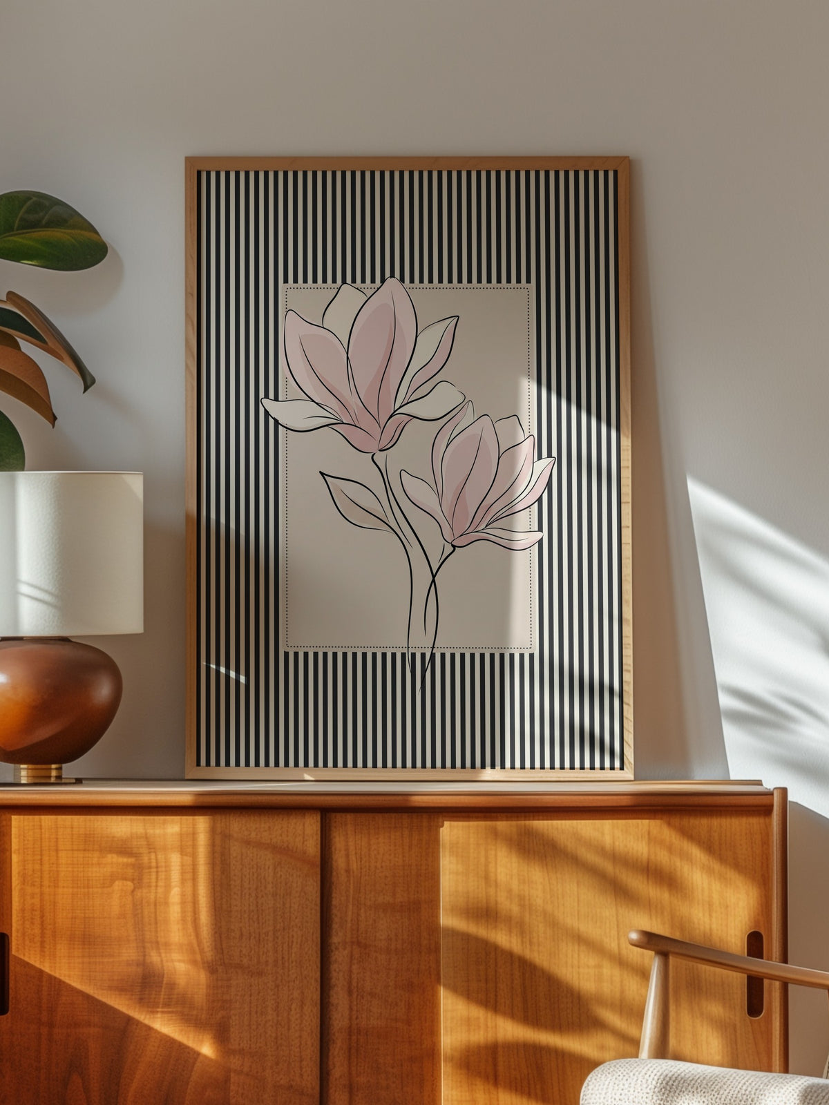 Çizgili Desende Pembe Çiçek Poster – Ahşap Çerçeveli Tablo
