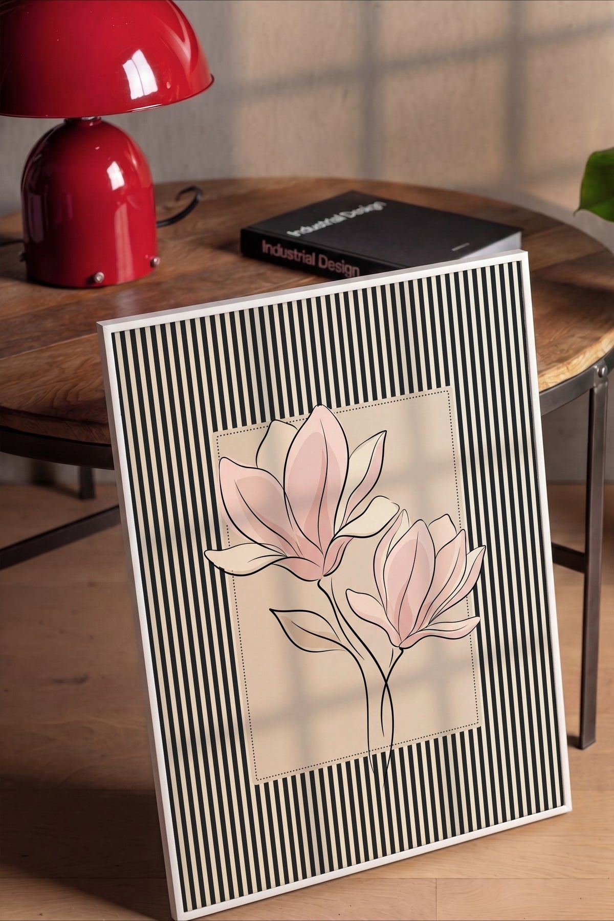 Çizgili Desende Pembe Çiçek Poster – Beyaz Çerçeveli Tablo