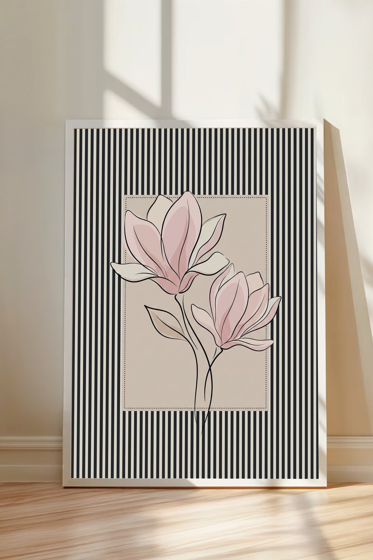 Çizgili Desende Pembe Çiçek Poster – Beyaz Çerçeveli Tablo