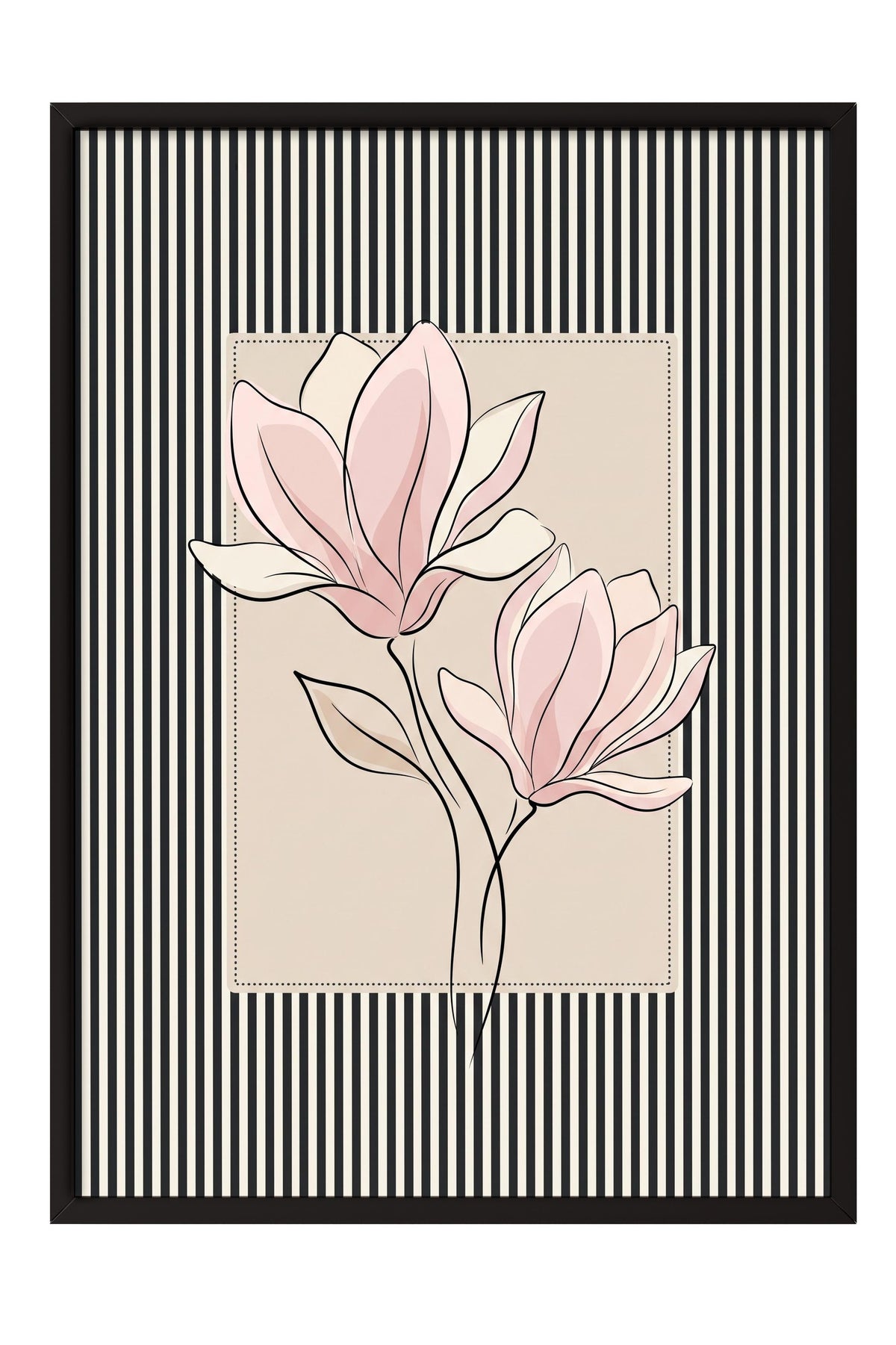 Çizgili Desende Pembe Çiçek Poster – Siyah Çerçeveli Tablo
