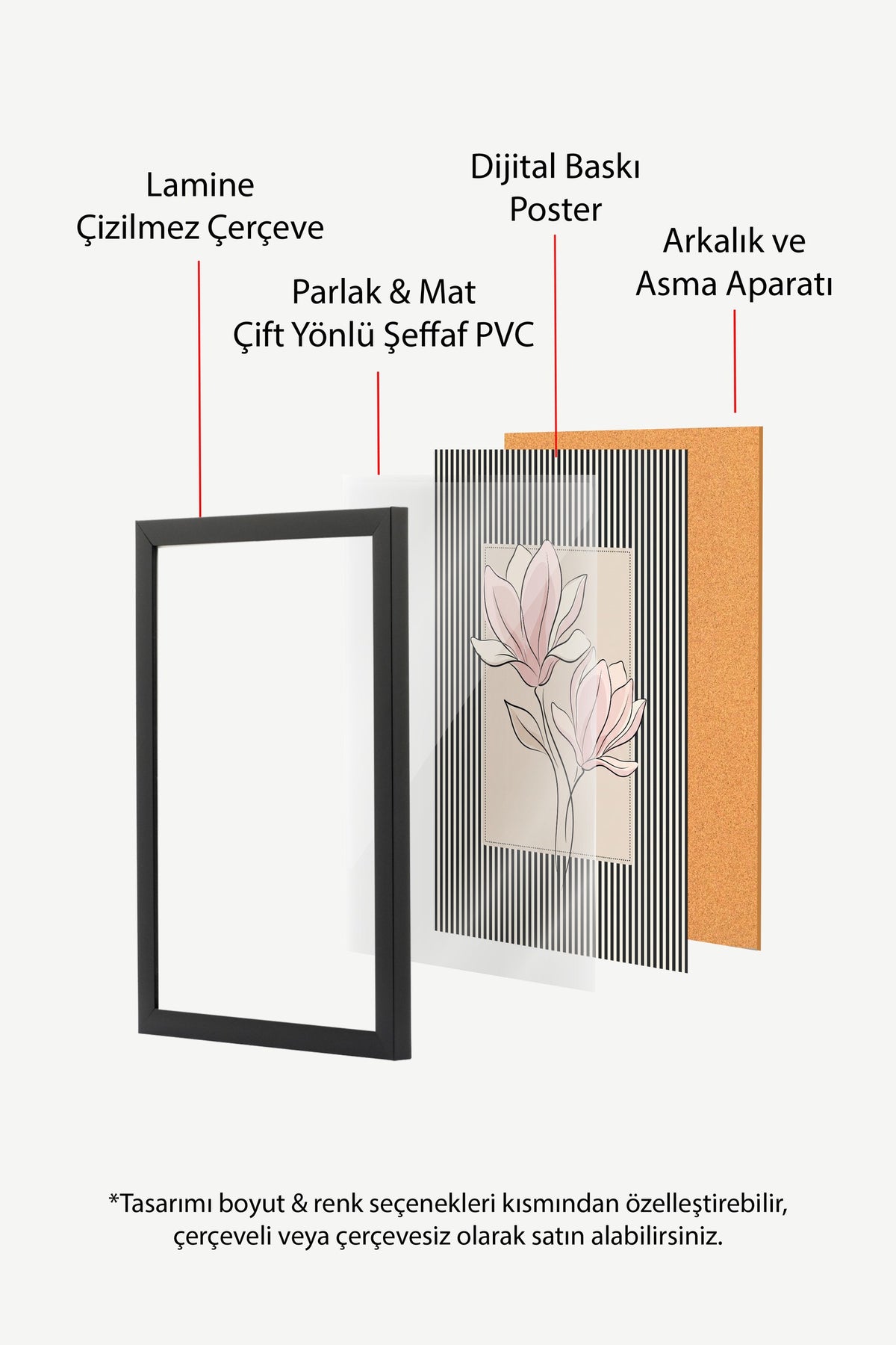 Çizgili Desende Pembe Çiçek Poster – Siyah Çerçeveli Tablo