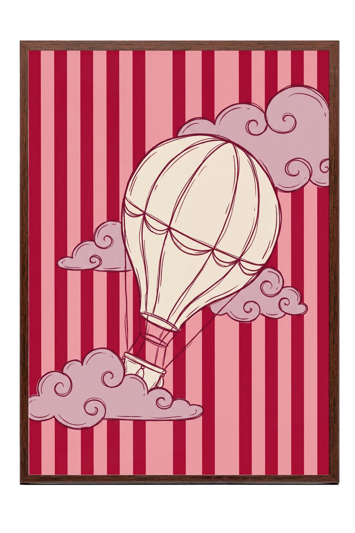 Bulutlar Arasında Uçan Balon Poster – Kahverengi Çerçeveli Tablo