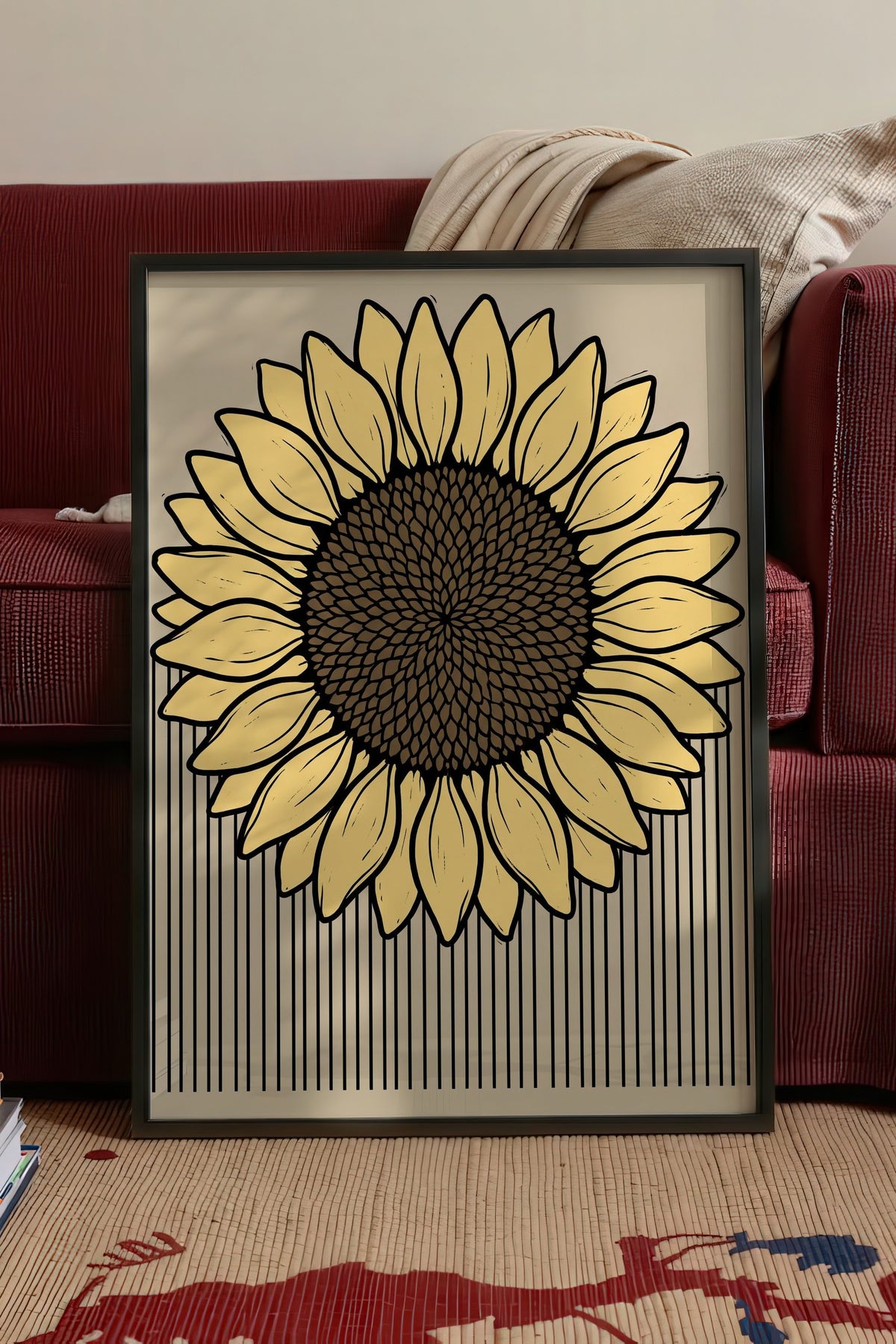Çizgili Ayçiçeği İllüstrasyonu Poster – Siyah Çerçeveli Tablo
