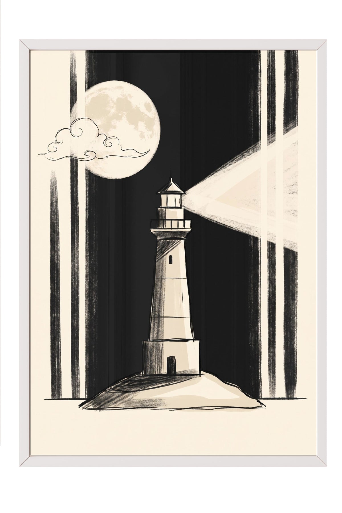 Gece Deniz Feneri Poster – Beyaz Çerçeveli Tablo