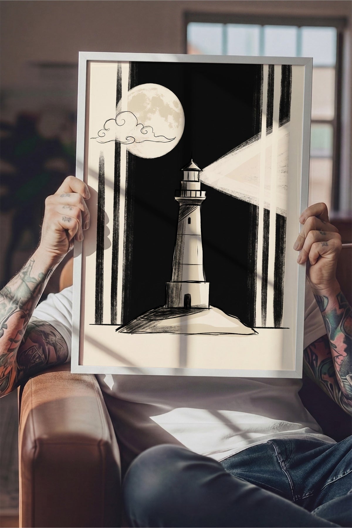 Gece Deniz Feneri Poster – Beyaz Çerçeveli Tablo