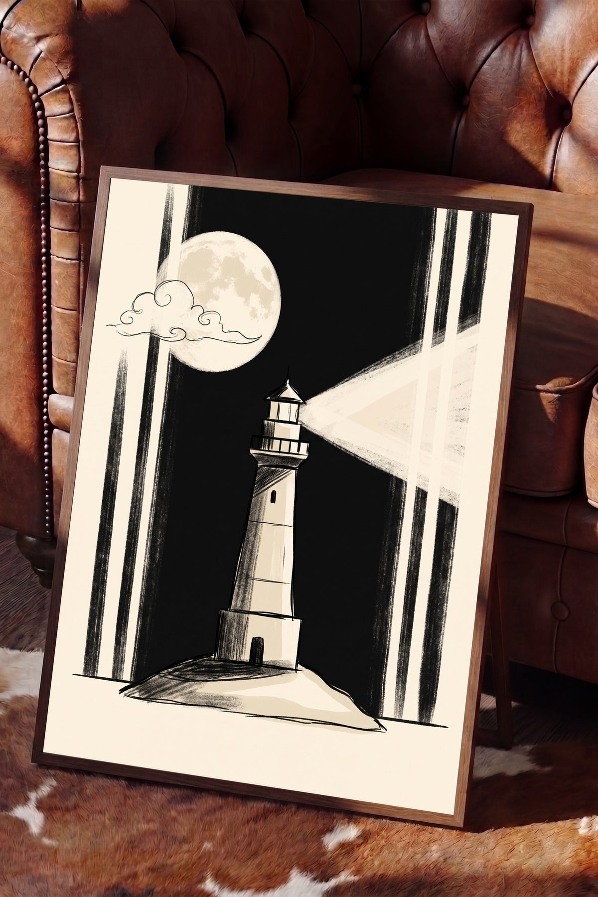 Gece Deniz Feneri Poster – Kahverengi Çerçeveli Tablo
