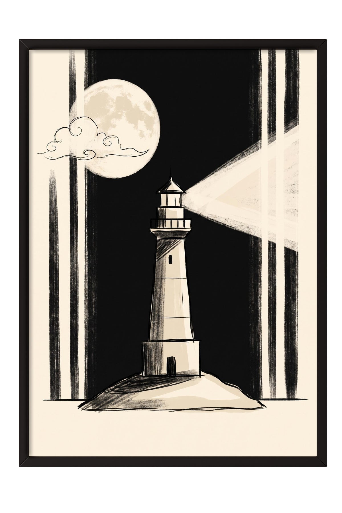 Gece Deniz Feneri Poster – Siyah Çerçeveli Tablo