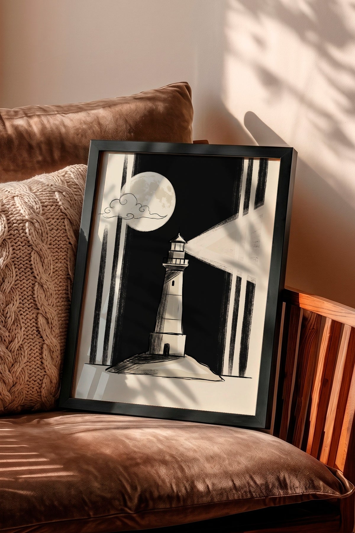 Gece Deniz Feneri Poster – Siyah Çerçeveli Tablo
