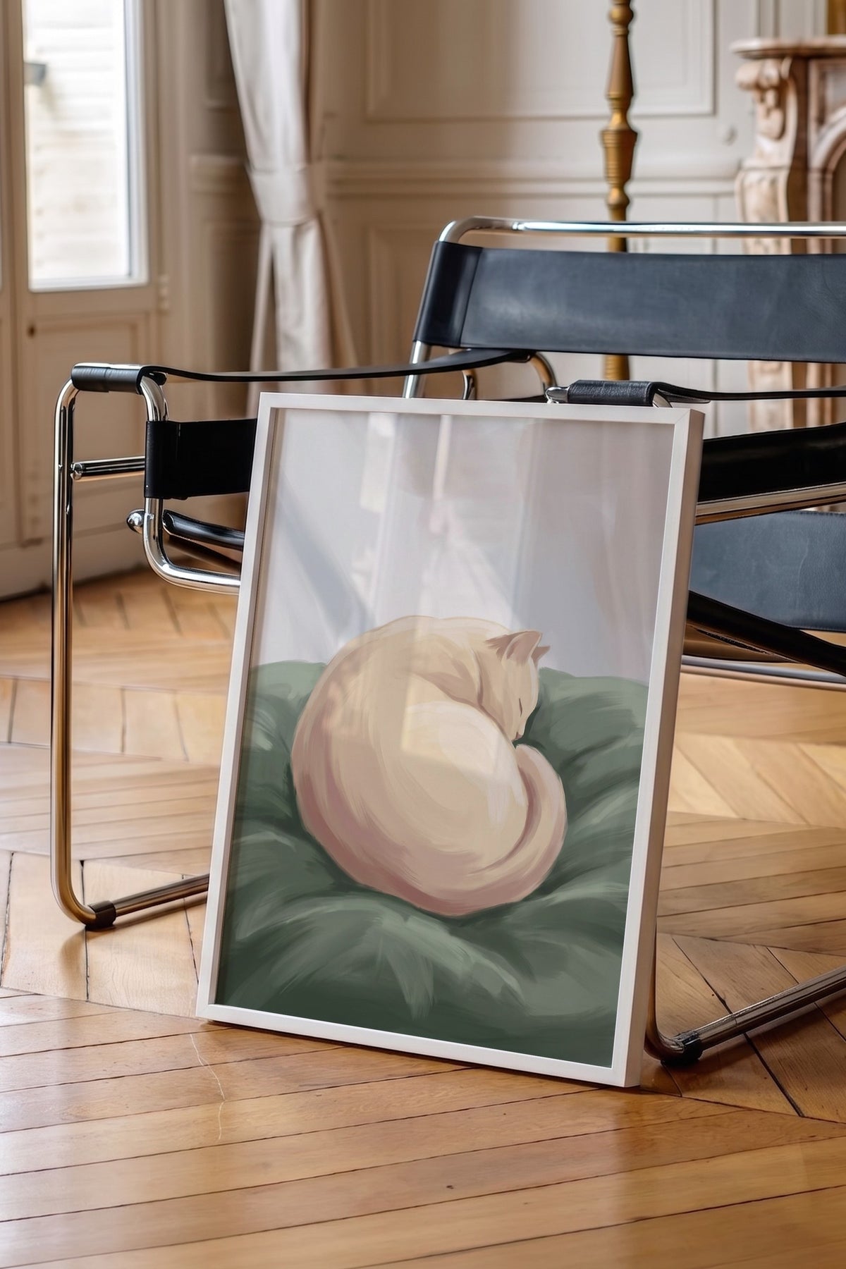 Uyuyan Kedi İllüstrasyonu Poster – Beyaz Çerçeveli Tablo
