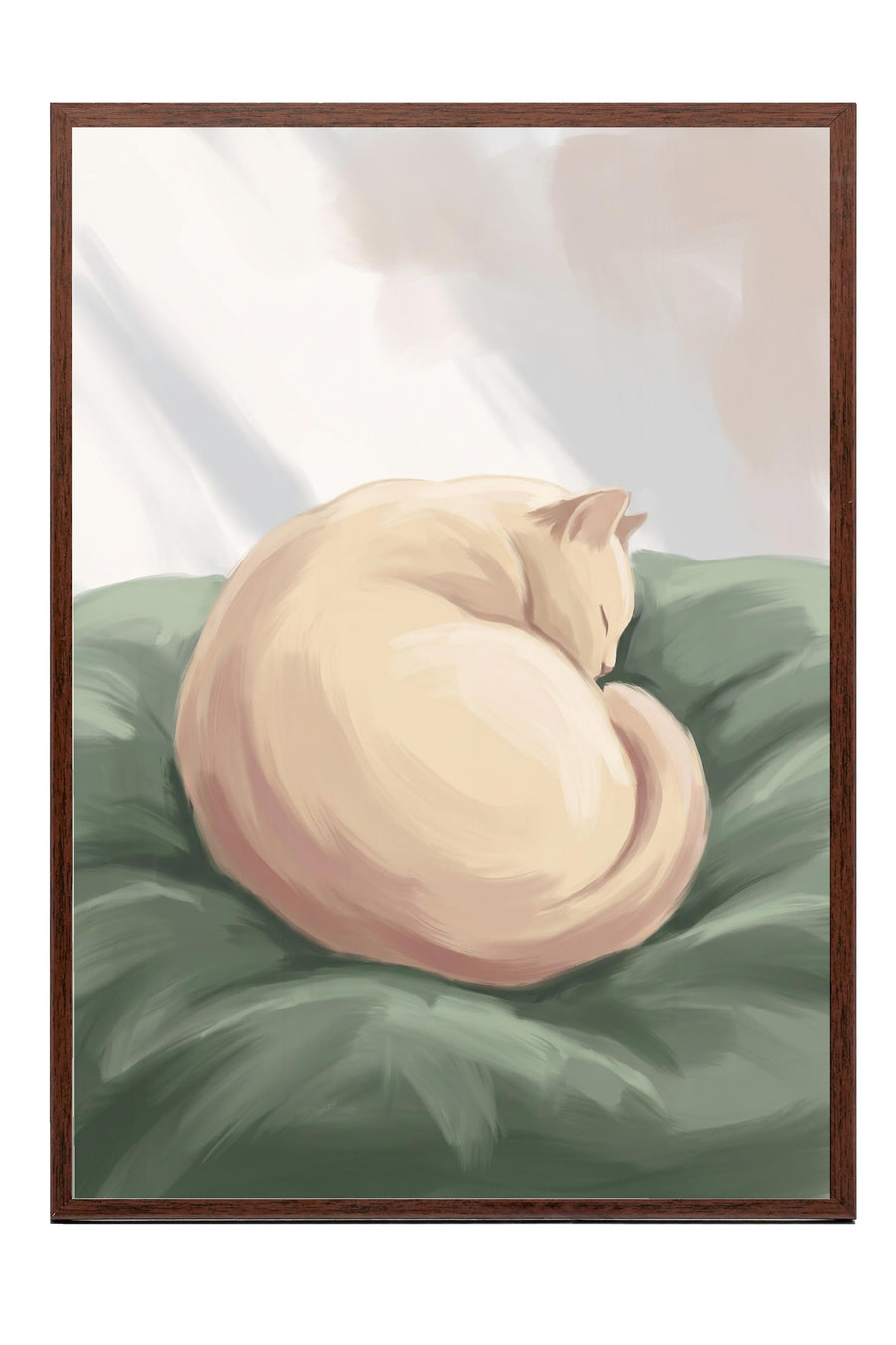 Uyuyan Kedi İllüstrasyonu Poster – Kahverengi Çerçeveli Tablo
