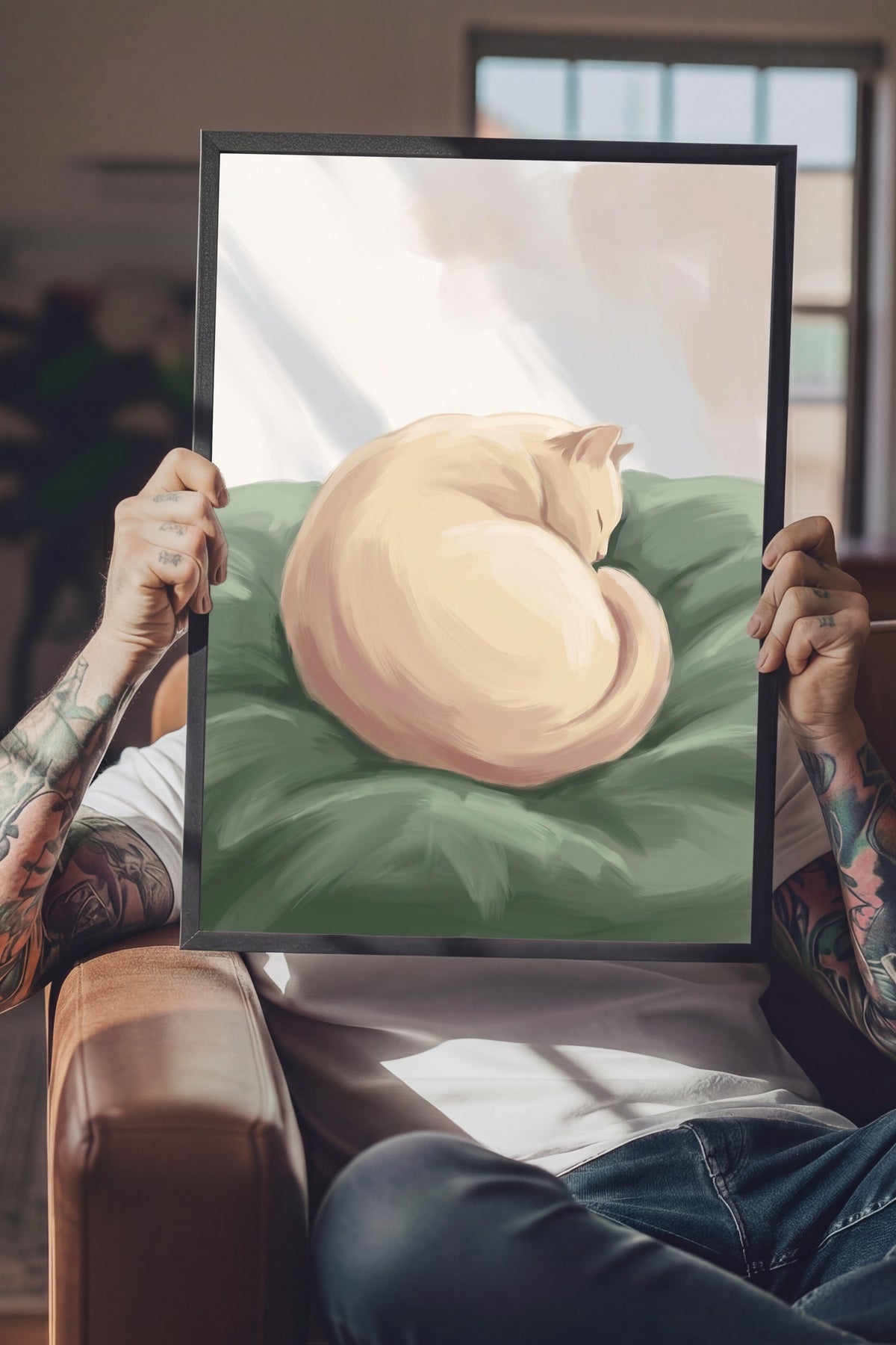 Uyuyan Kedi İllüstrasyonu Poster – Siyah Çerçeveli Tablo