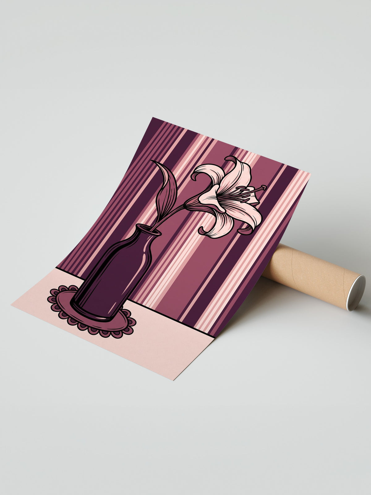 Çizgili Fon Üzerinde Vazo ve Çiçek Çerçevesiz Poster