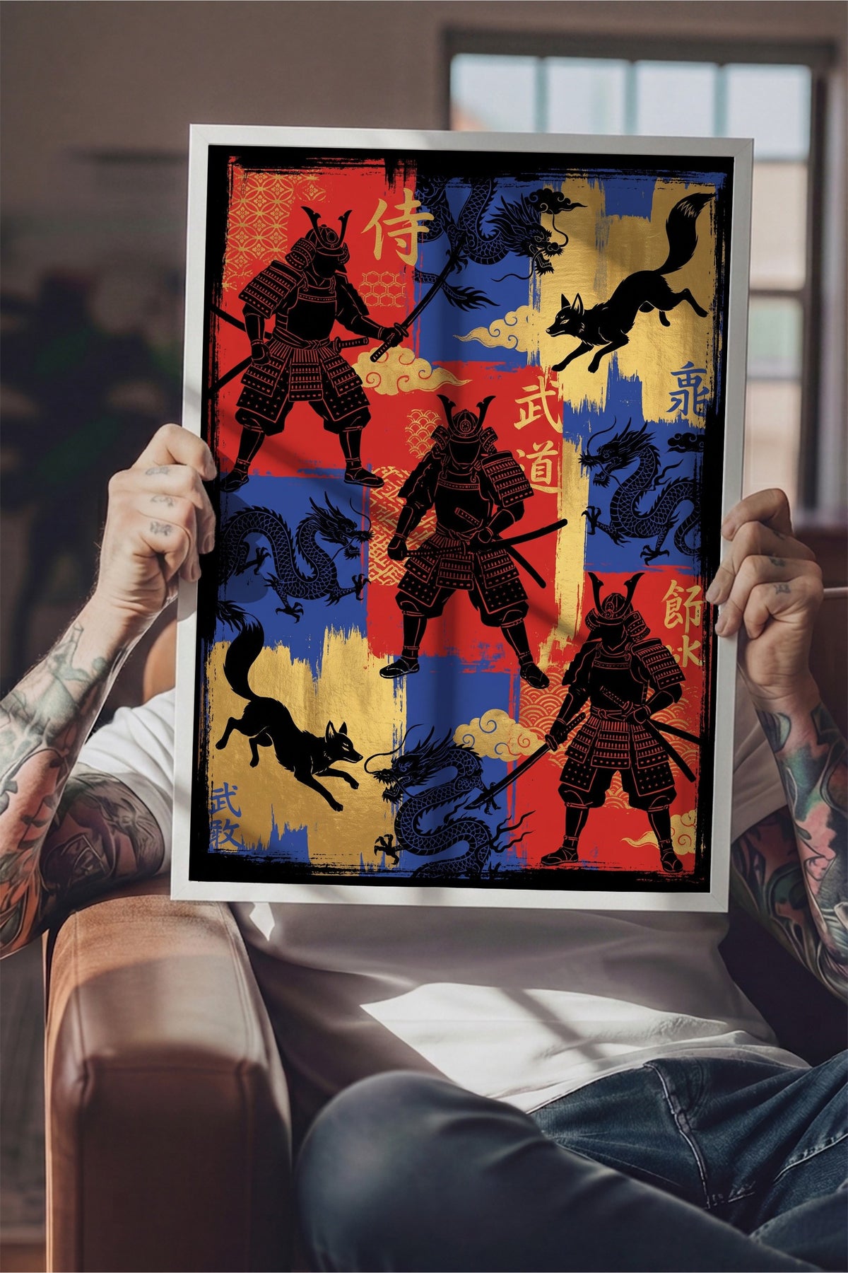 Samuray ve Ejderha İllüstrasyonu Poster – Beyaz Çerçeveli Tablo