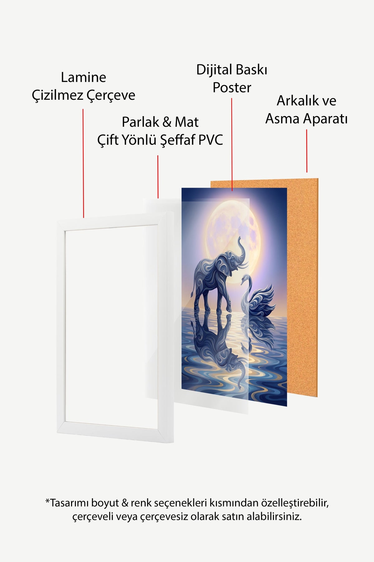 Soyut Fil ve Kuğu Poster – Beyaz Çerçeveli Tablo