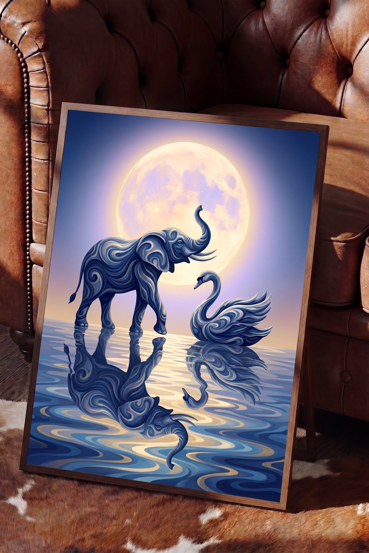 Soyut Fil ve Kuğu Poster – Kahverengi Çerçeveli Tablo