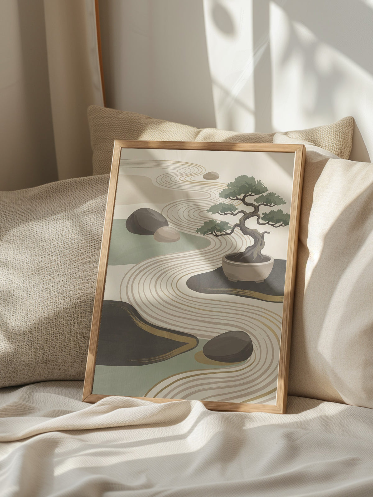 Bonsai ve Zen Bahçesi Poster – Ahşap Çerçeveli Tablo