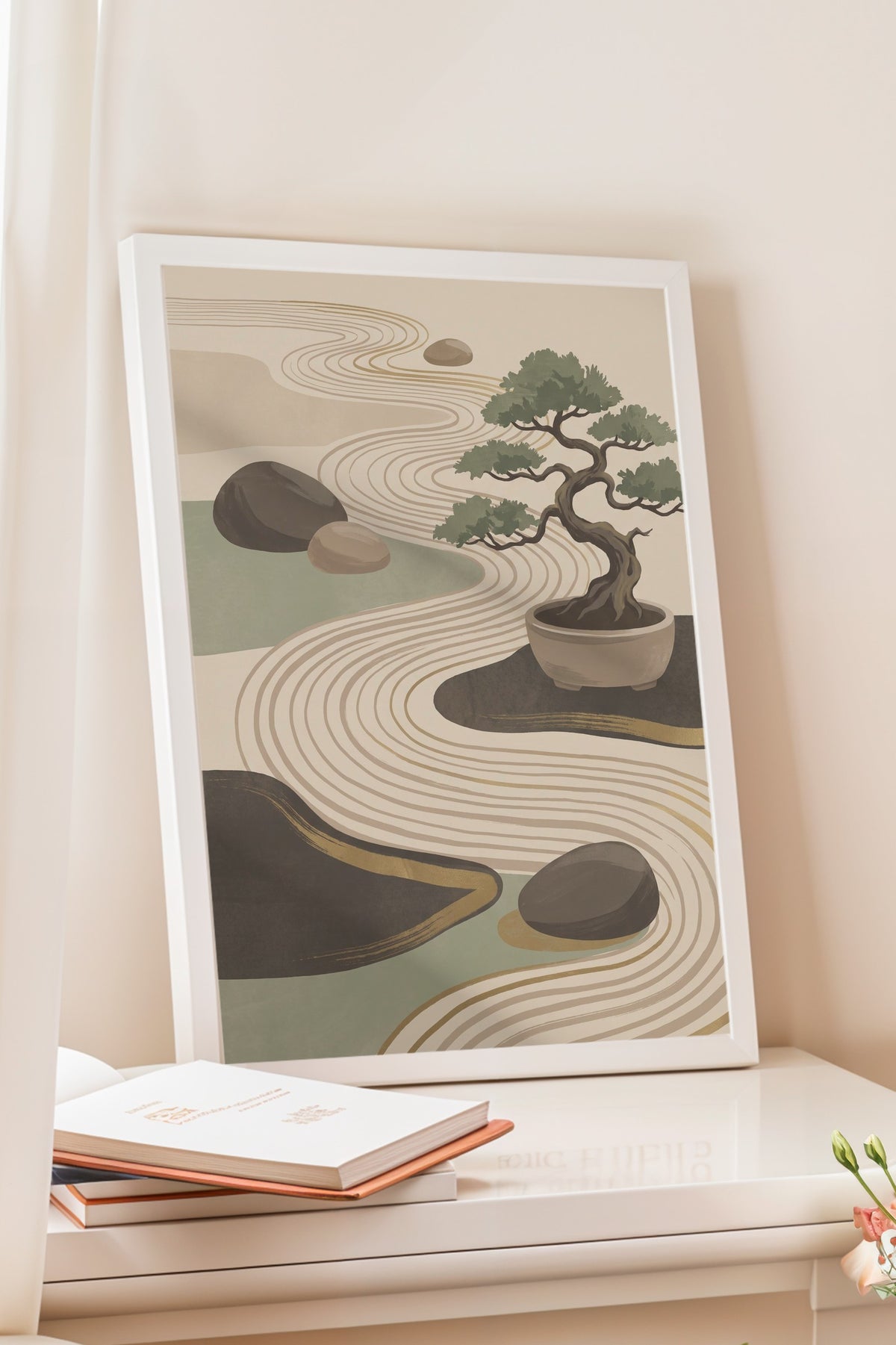 Bonsai ve Zen Bahçesi Poster – Beyaz Çerçeveli Tablo
