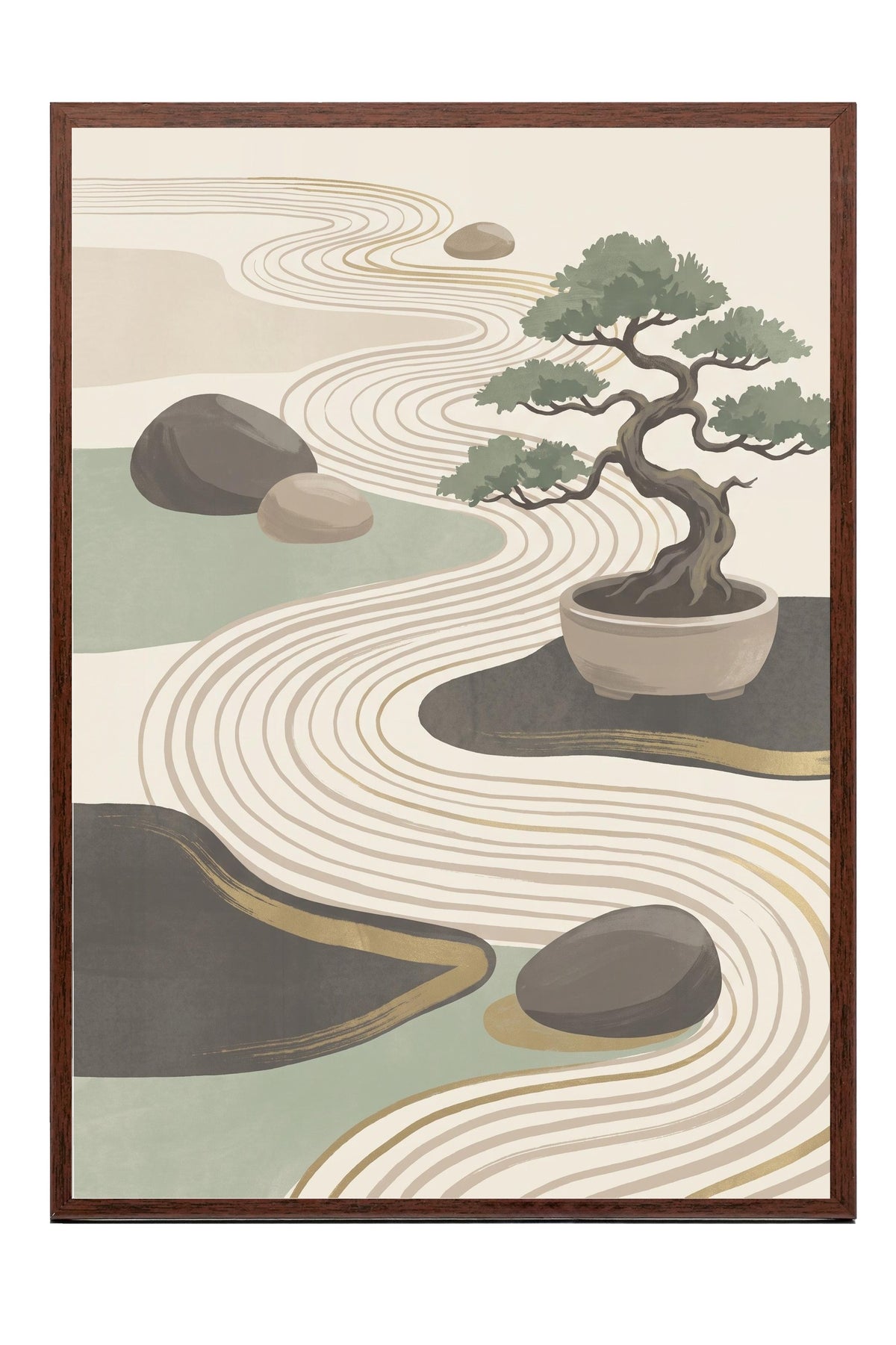 Bonsai ve Zen Bahçesi Poster – Kahverengi Çerçeveli Tablo
