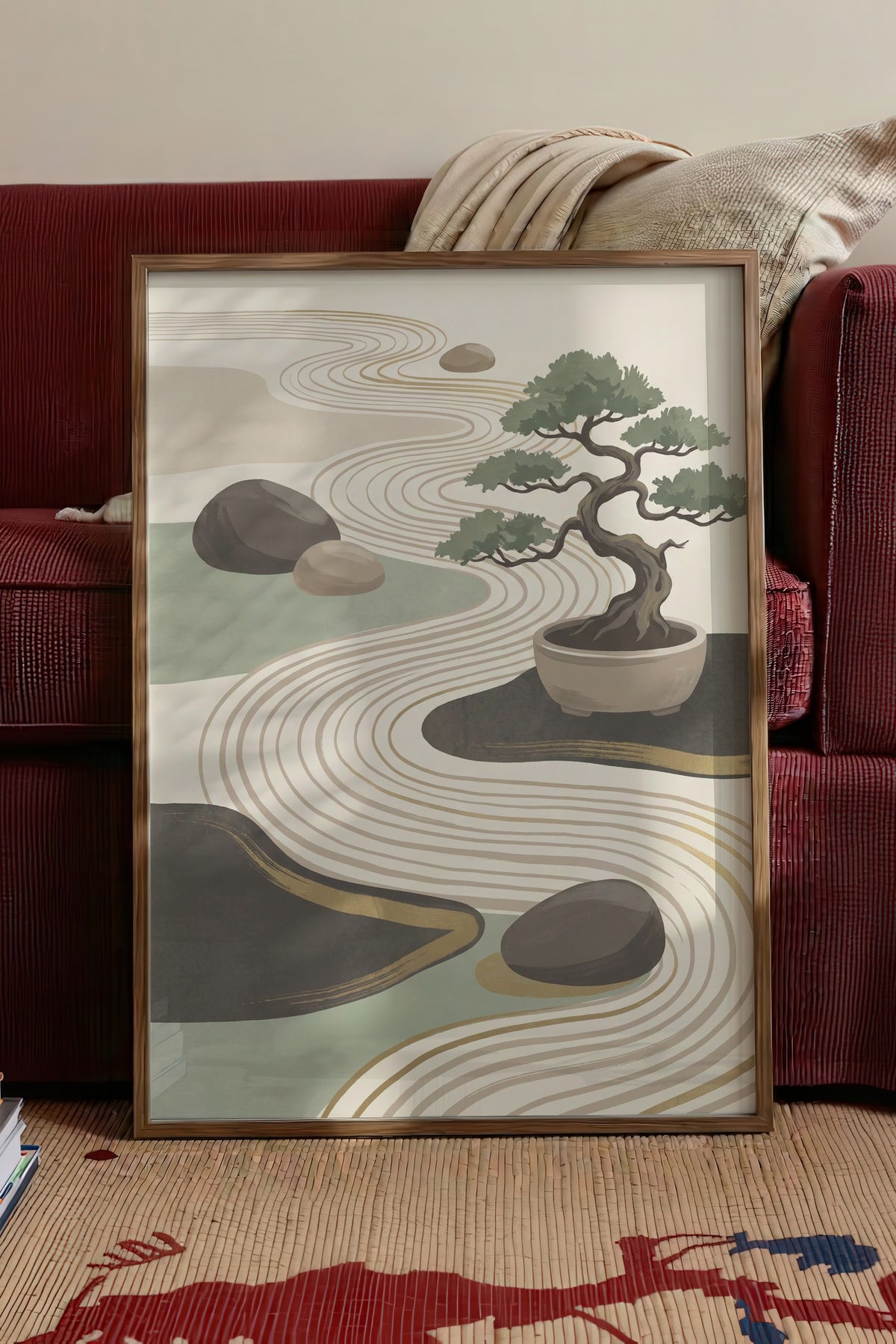Bonsai ve Zen Bahçesi Poster – Kahverengi Çerçeveli Tablo