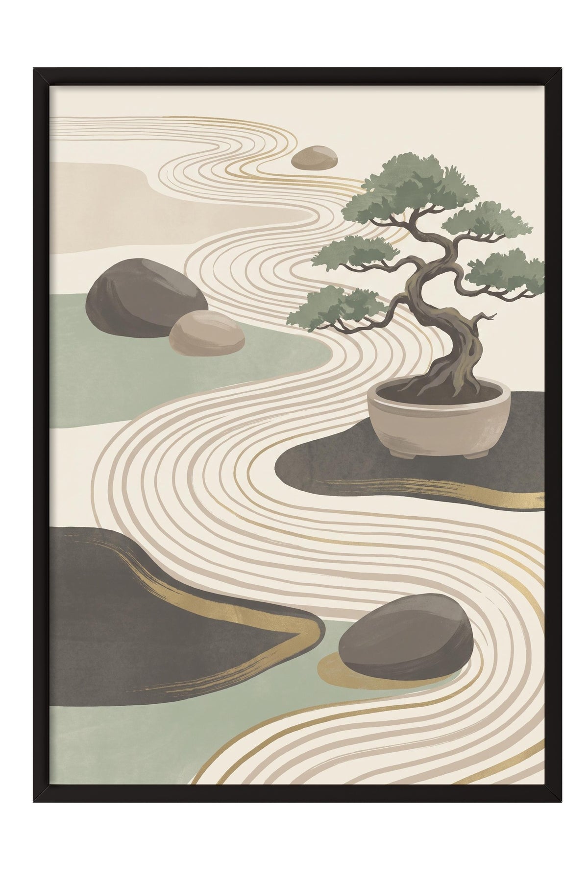 Bonsai ve Zen Bahçesi Poster – Siyah Çerçeveli Tablo