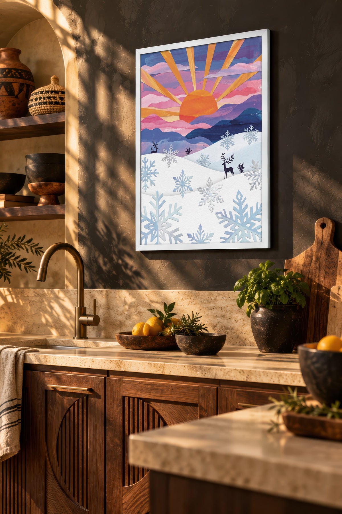 Kış Güneşi ve Kar Taneleri Poster – Beyaz Çerçeveli Tablo