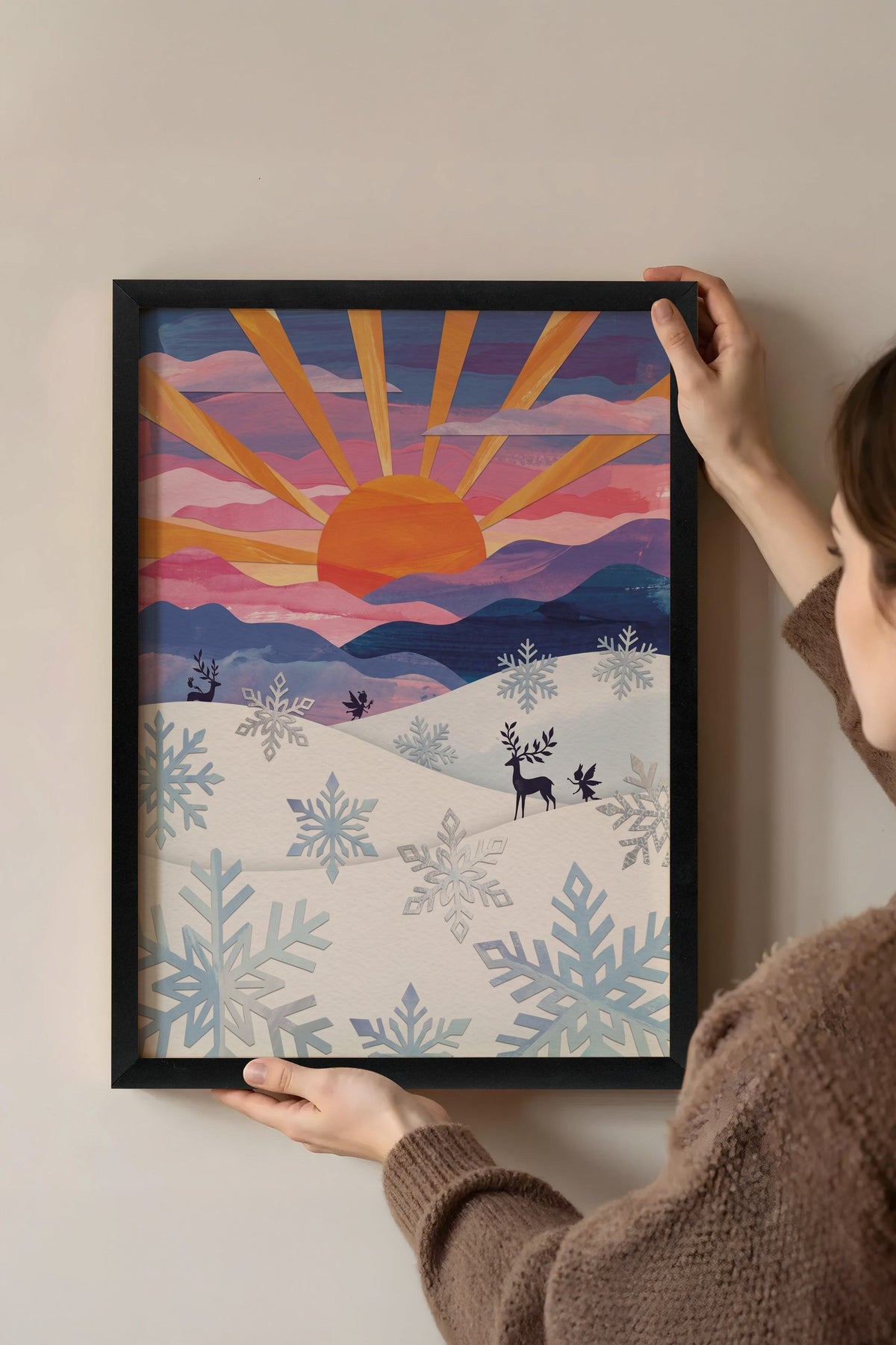 Kış Güneşi ve Kar Taneleri Poster – Siyah Çerçeveli Tablo