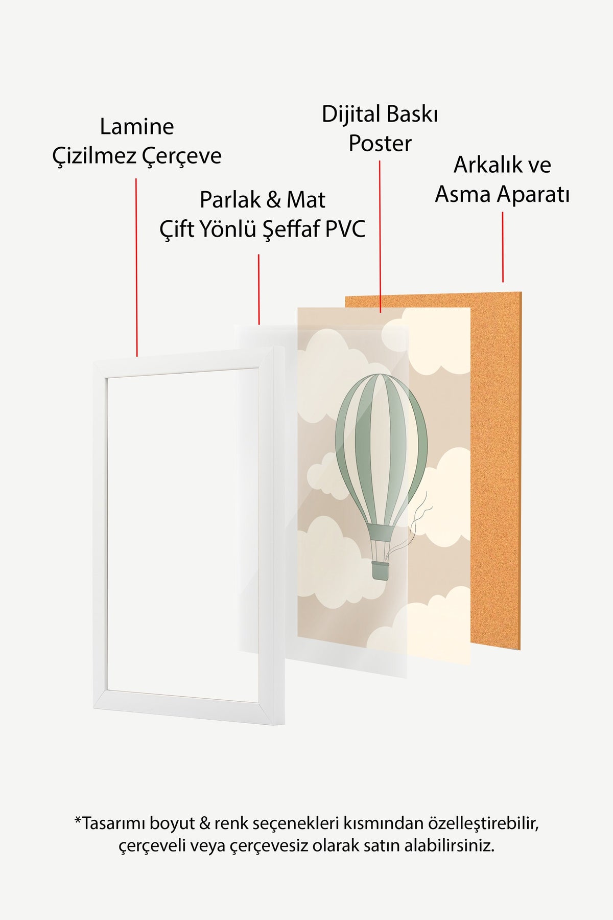 Minimalist Uçan Balon ve Bulutlar Poster – Beyaz Çerçeveli Tablo