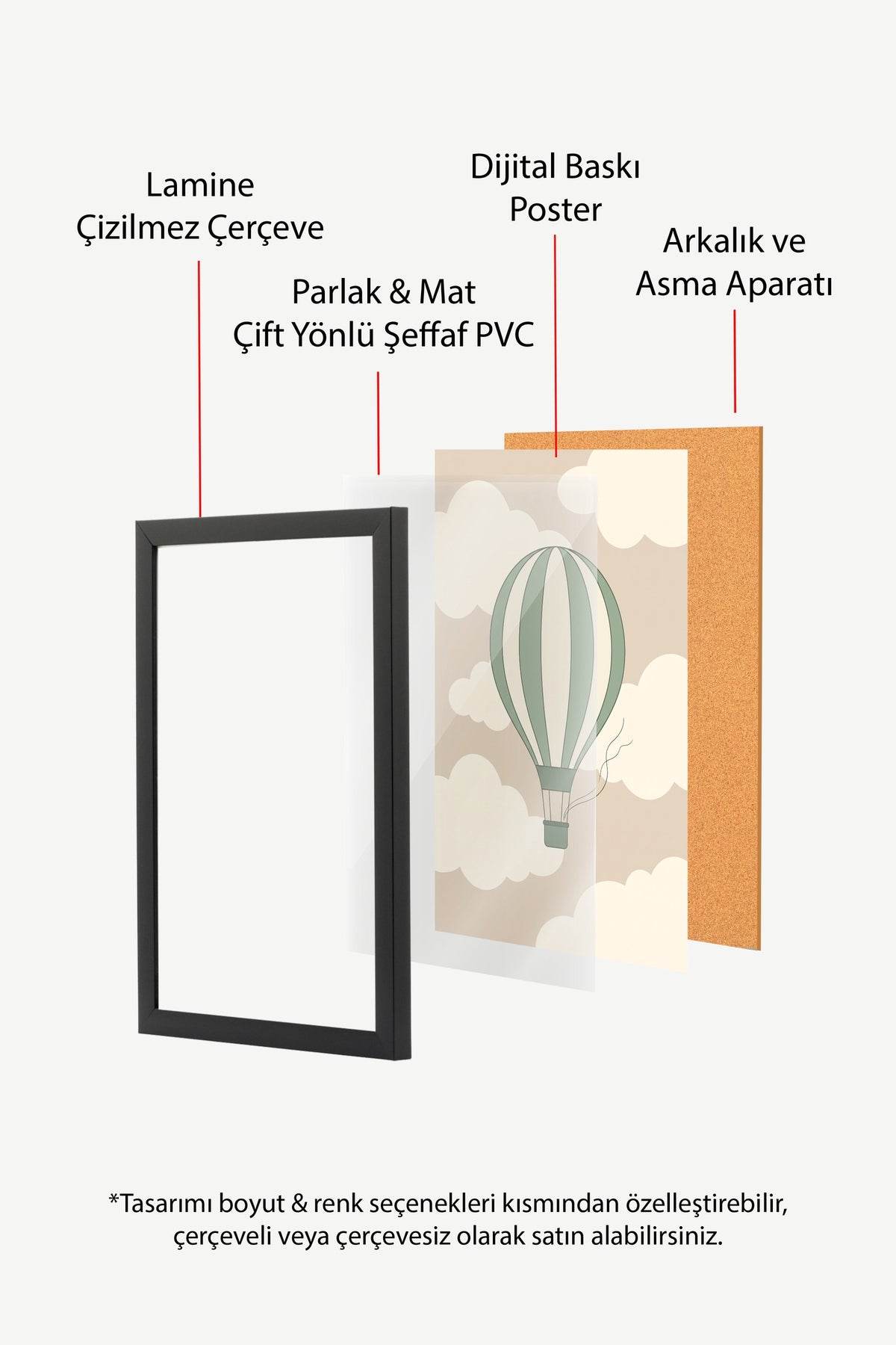 Minimalist Uçan Balon ve Bulutlar Poster – Siyah Çerçeveli Tablo