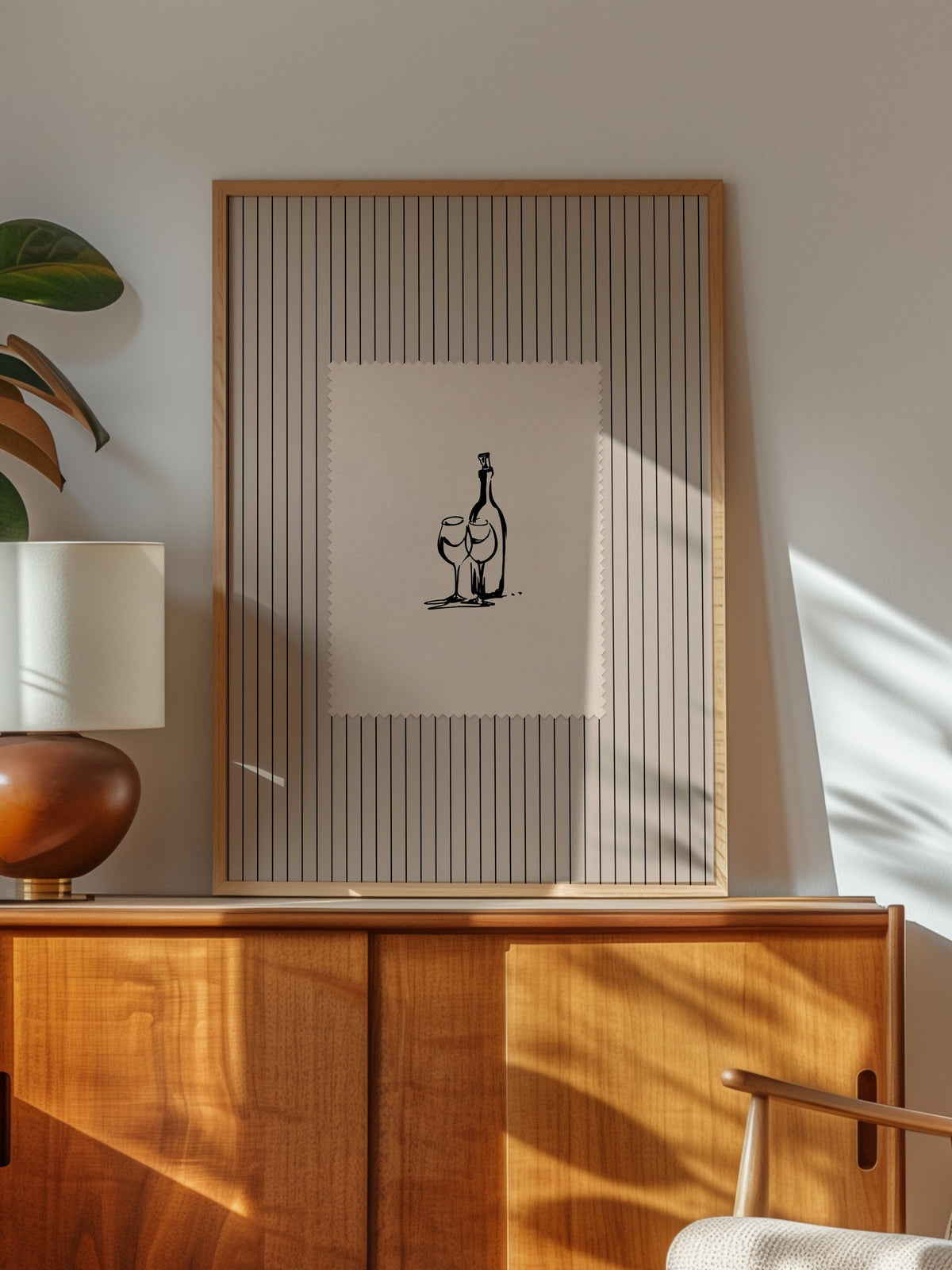 Şişe ve Kadeh Çizimi Poster – Ahşap Çerçeveli Tablo