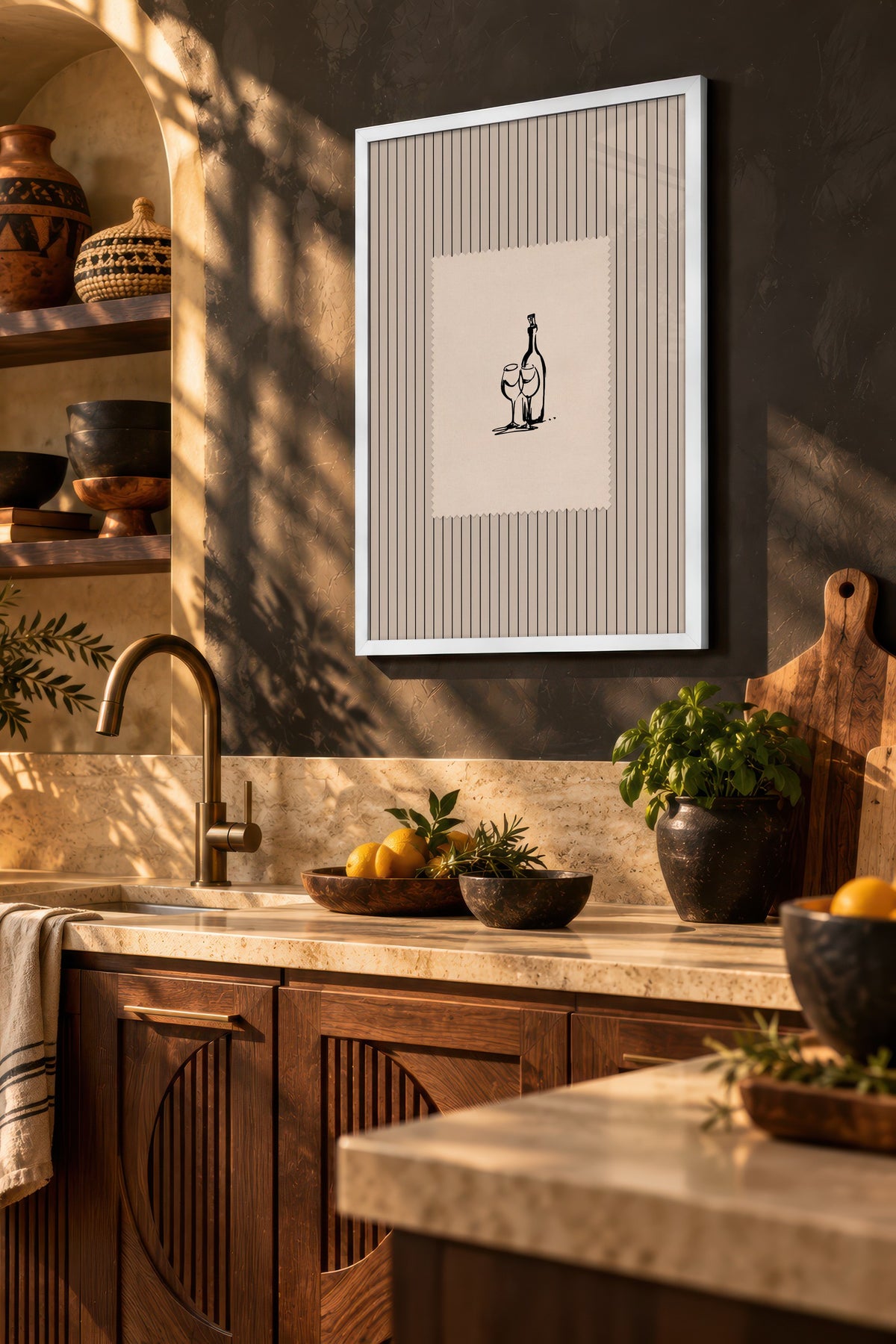 Şişe ve Kadeh Çizimi Poster – Beyaz Çerçeveli Tablo