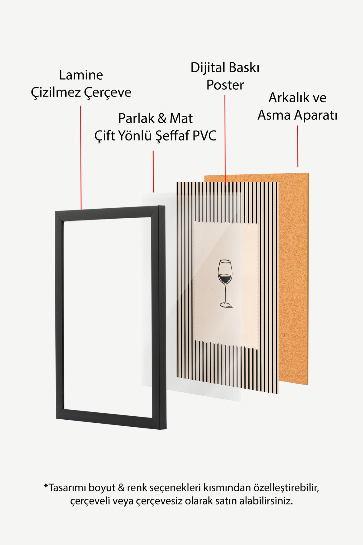 Çizgili Fon Üzerinde Şarap Kadehi Poster – Siyah Çerçeveli Tablo