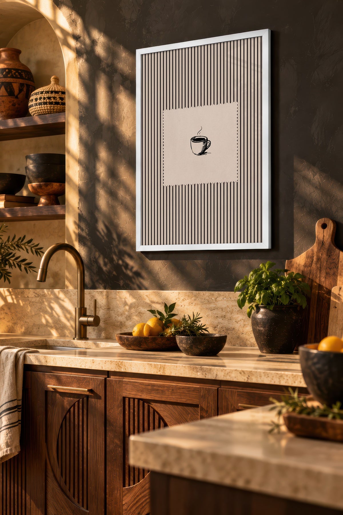 Fincan Çizimi Çizgili Desen Poster – Beyaz Çerçeveli Tablo