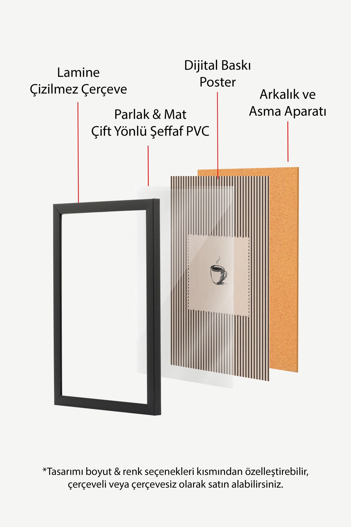 Fincan Çizimi Çizgili Desen Poster – Siyah Çerçeveli Tablo