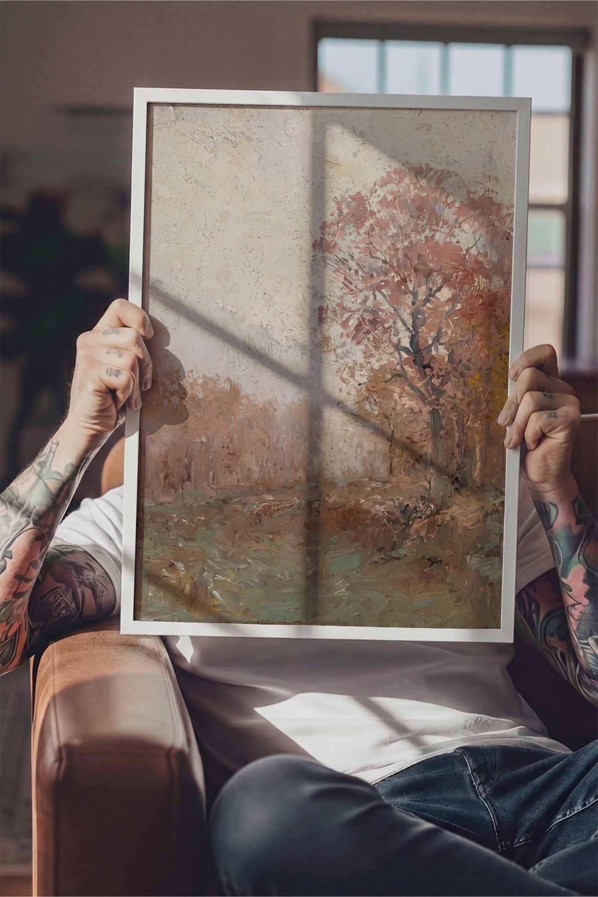 Sonbahar Manzarası Yağlı Boya Poster – Beyaz Çerçeveli Tablo