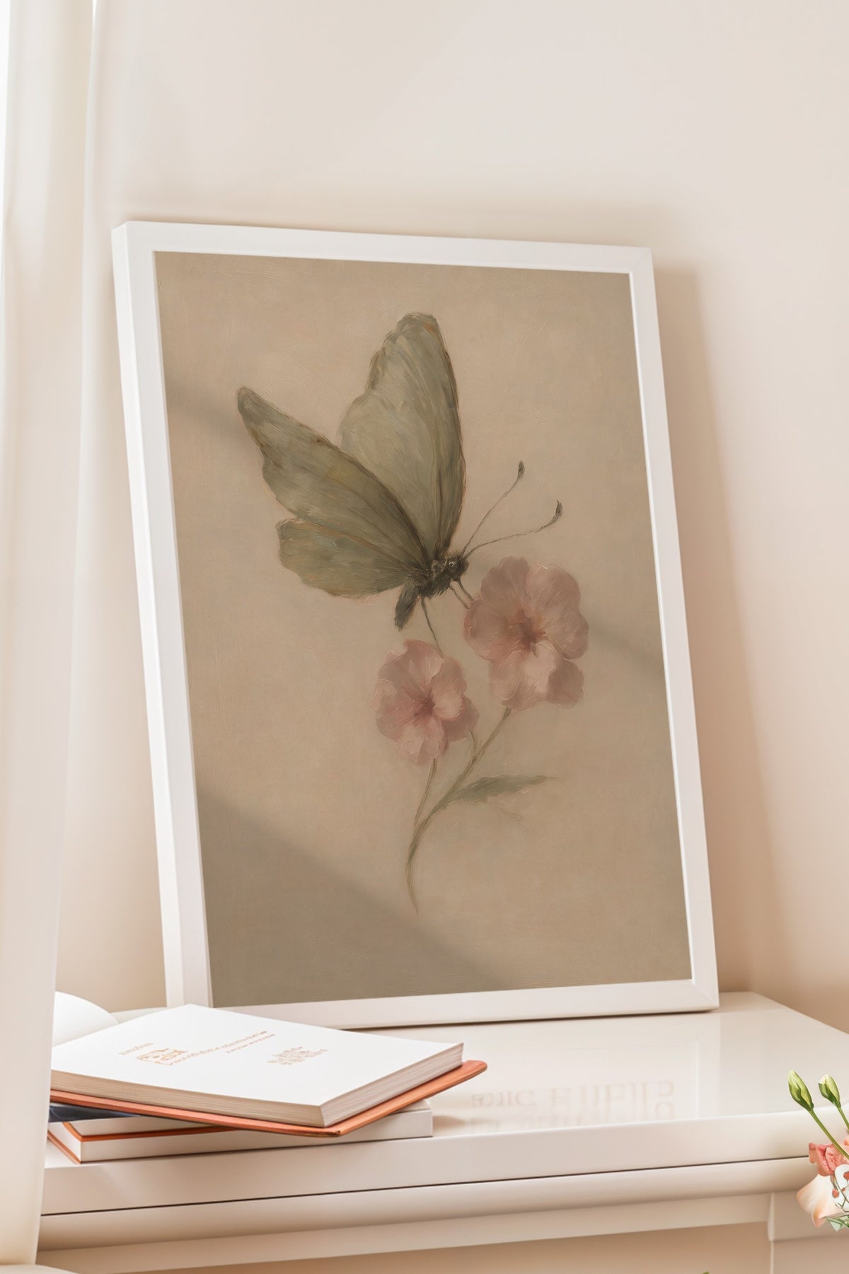 Pastel Çiçekli Kelebek Poster – Beyaz Çerçeveli Tablo