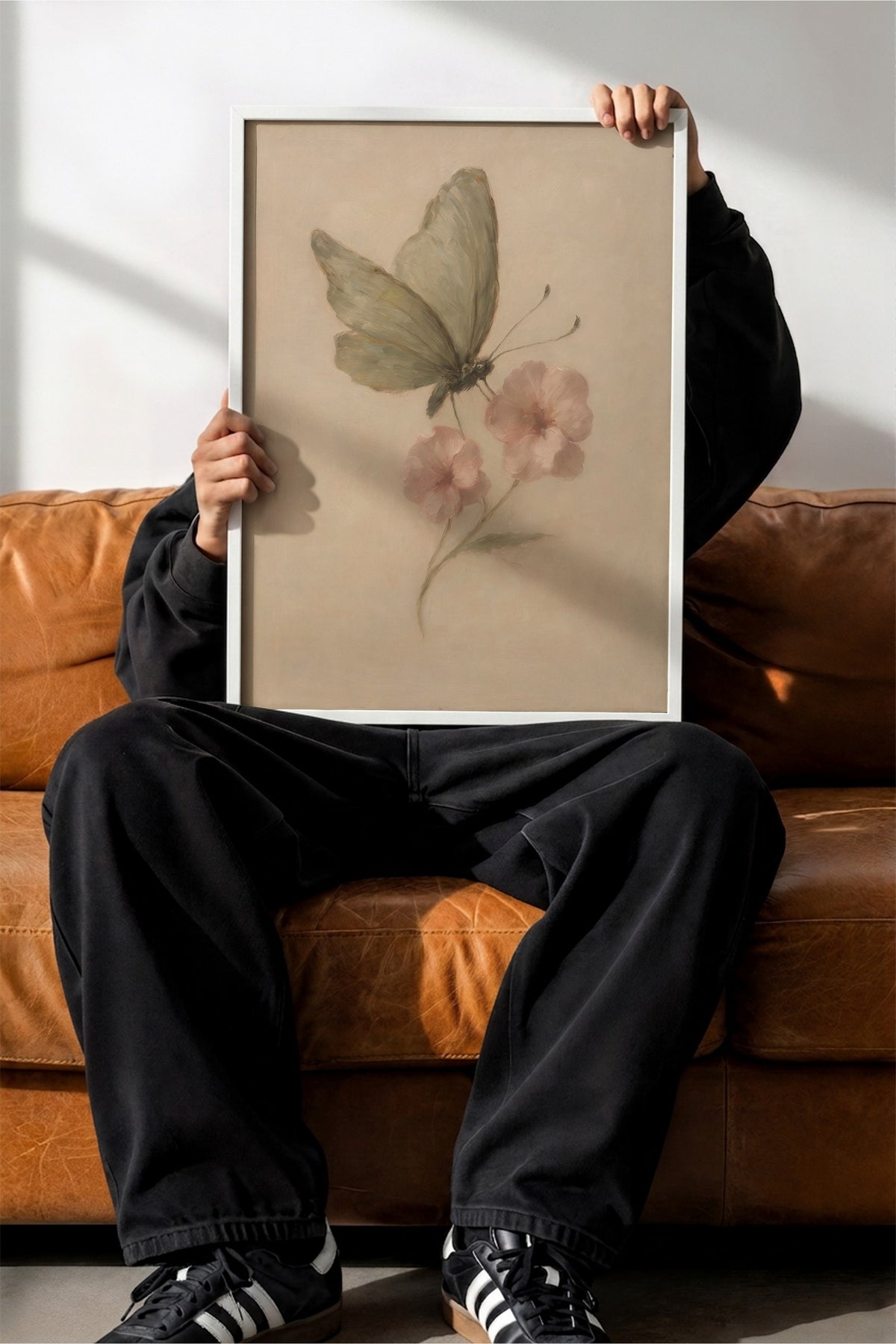 Pastel Çiçekli Kelebek Poster – Beyaz Çerçeveli Tablo