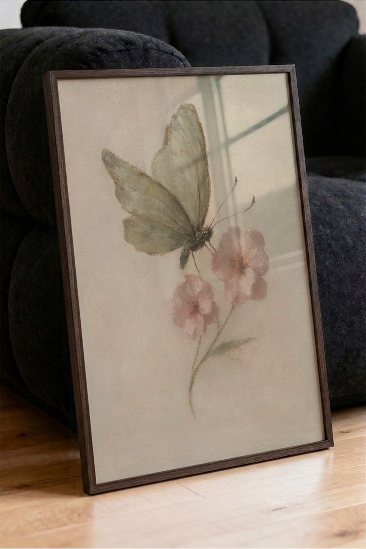 Pastel Çiçekli Kelebek Poster – Kahverengi Çerçeveli Tablo