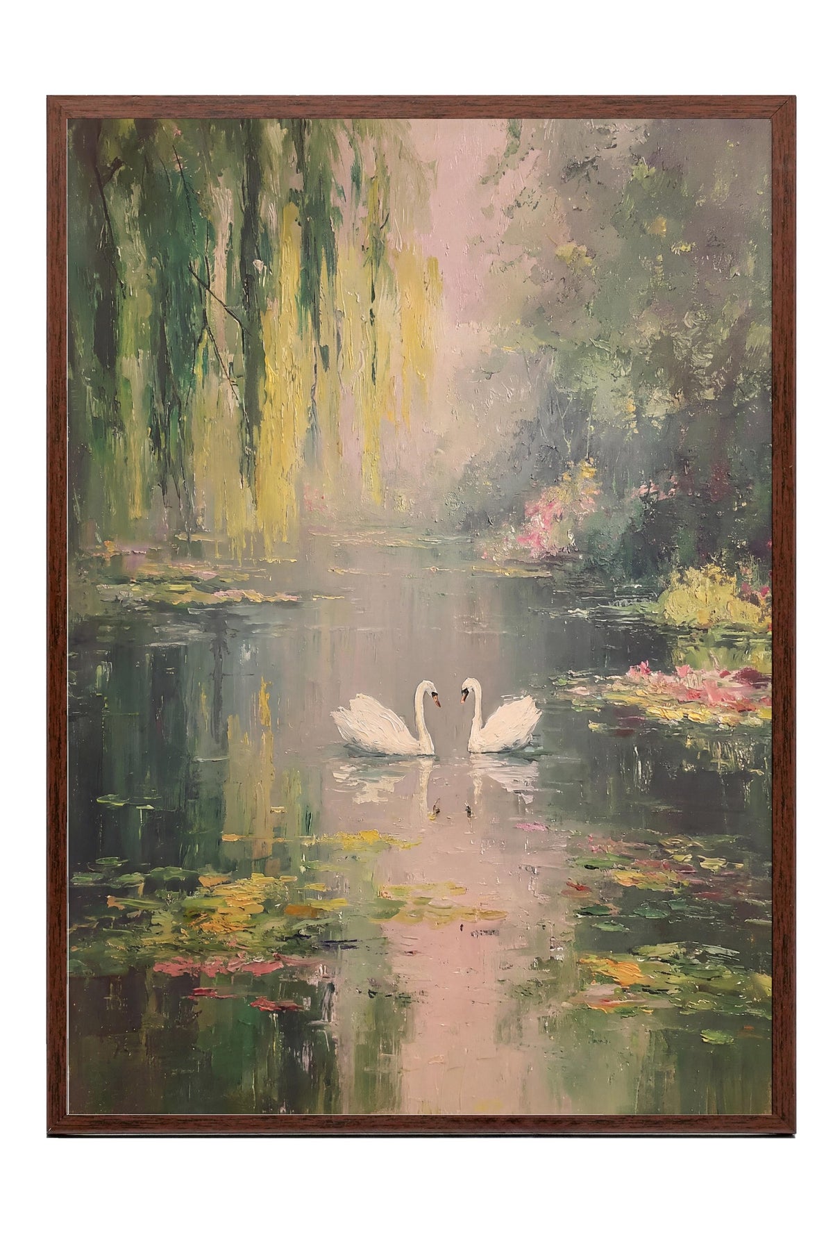 Gölet Üzerinde Kuğular Poster – Kahverengi Çerçeveli Tablo