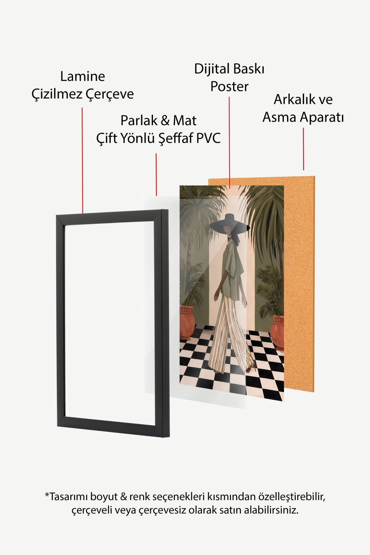 Palmiye Ağaçları ve Kadın Figürü Poster – Siyah Çerçeveli Tablo