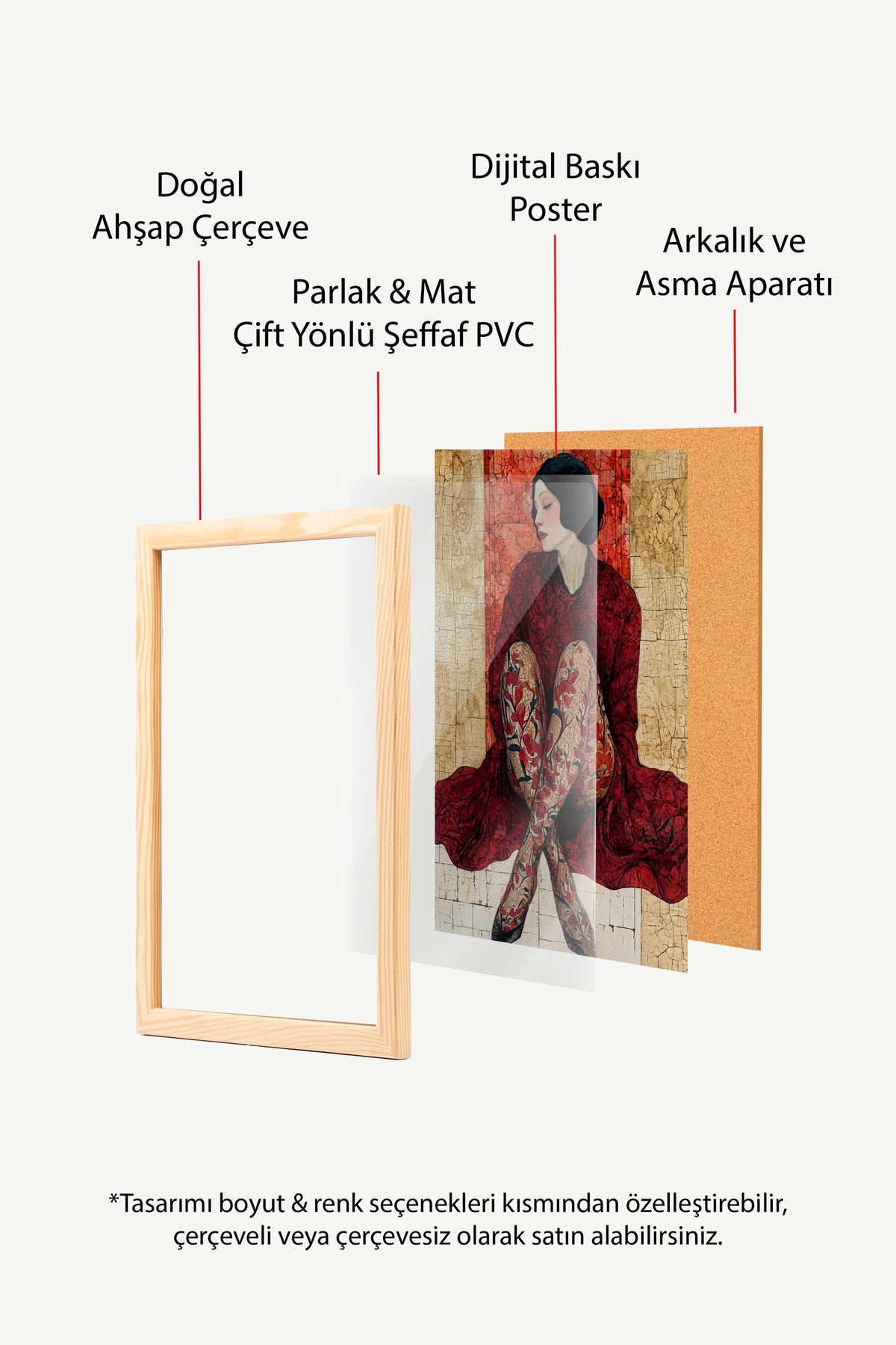 Kırmızı Elbiseli Kadın Figürü Poster – Ahşap Çerçeveli Tablo