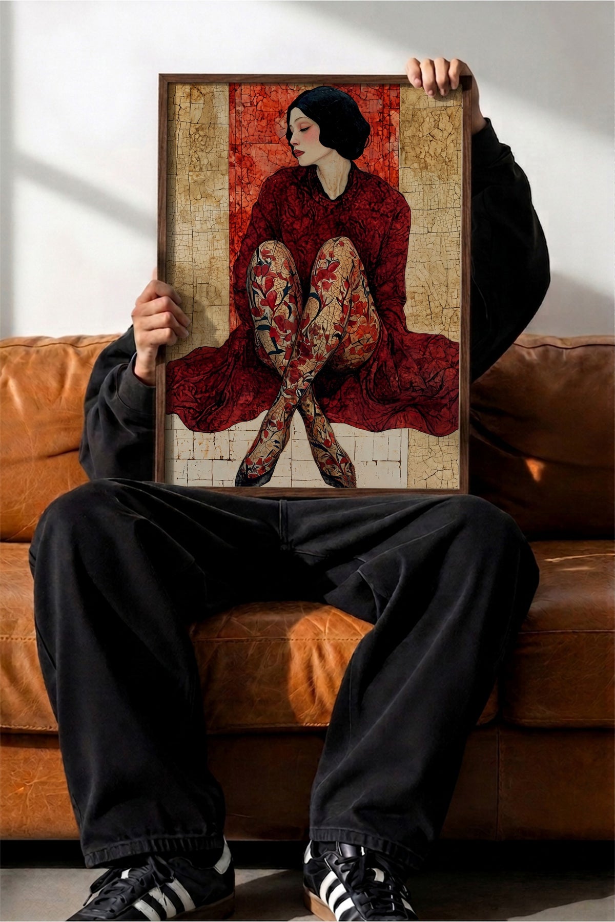 Kırmızı Elbiseli Kadın Figürü Poster – Kahverengi Çerçeveli Tablo