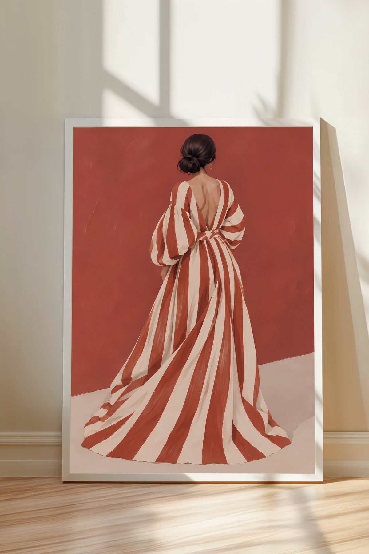 Kırmızı Çizgili Elbise ile Kadın Poster – Beyaz Çerçeveli Tablo