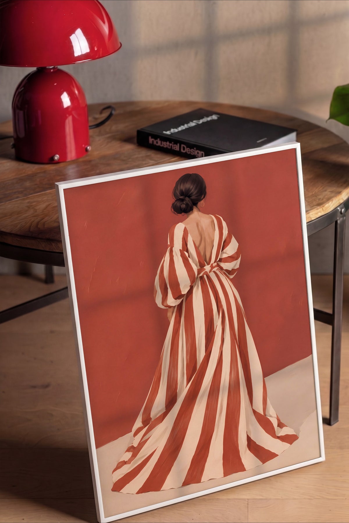 Kırmızı Çizgili Elbise ile Kadın Poster – Beyaz Çerçeveli Tablo