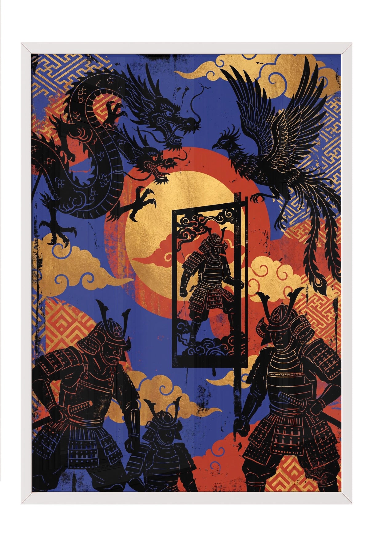 Ejderha ve Samuray Savaşçıları Poster – Beyaz Çerçeveli Tablo