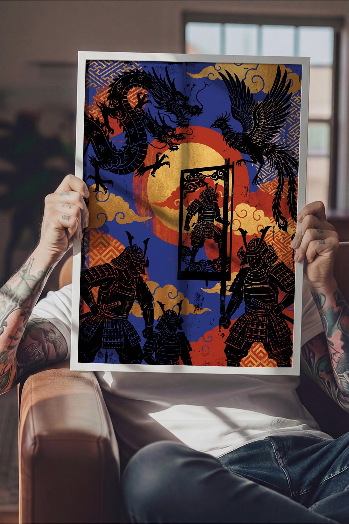 Ejderha ve Samuray Savaşçıları Poster – Beyaz Çerçeveli Tablo