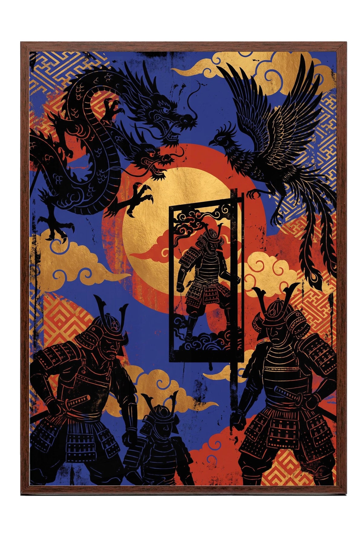 Ejderha ve Samuray Savaşçıları Poster – Kahverengi Çerçeveli Tablo