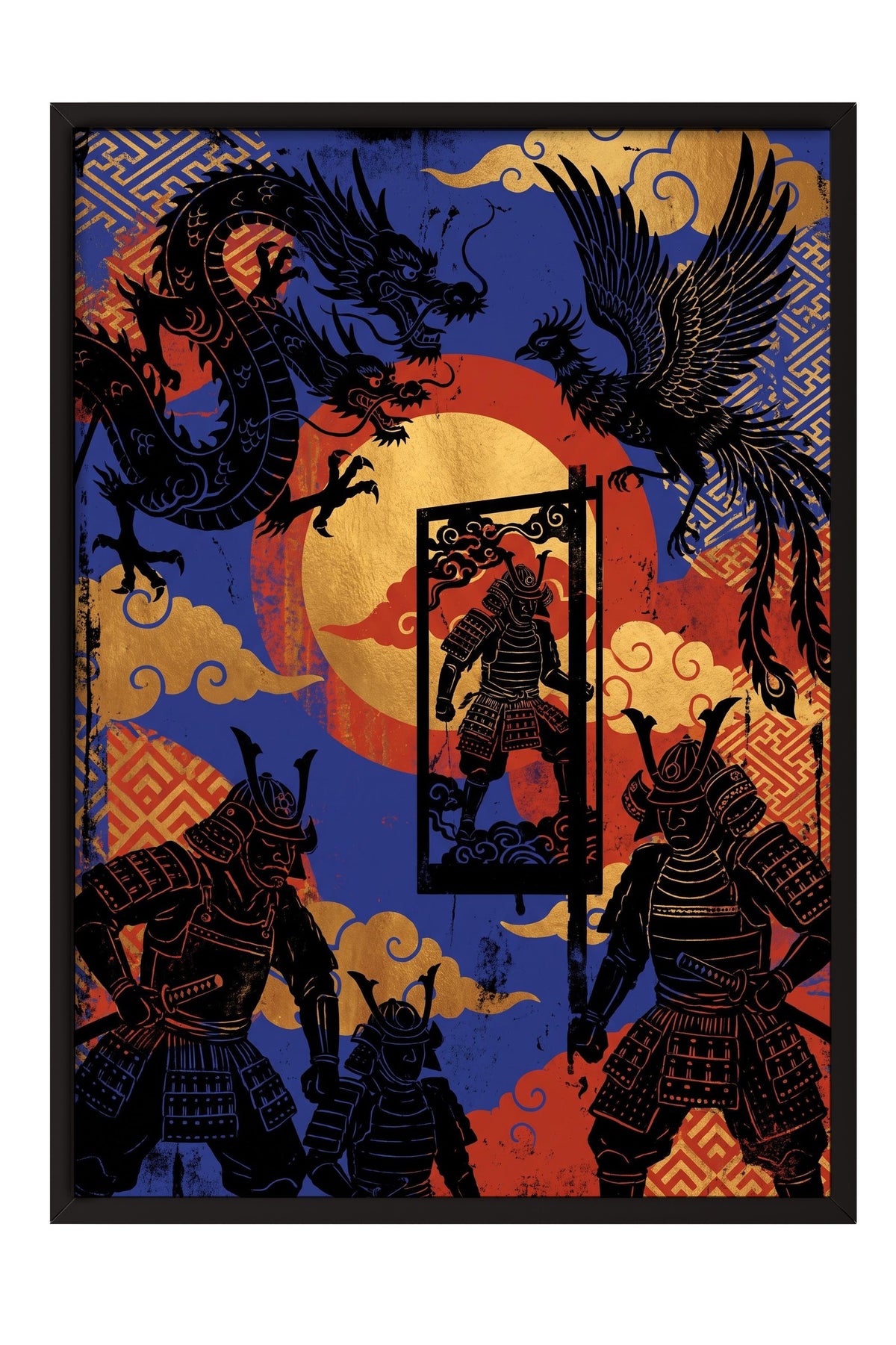 Ejderha ve Samuray Savaşçıları Poster – Siyah Çerçeveli Tablo
